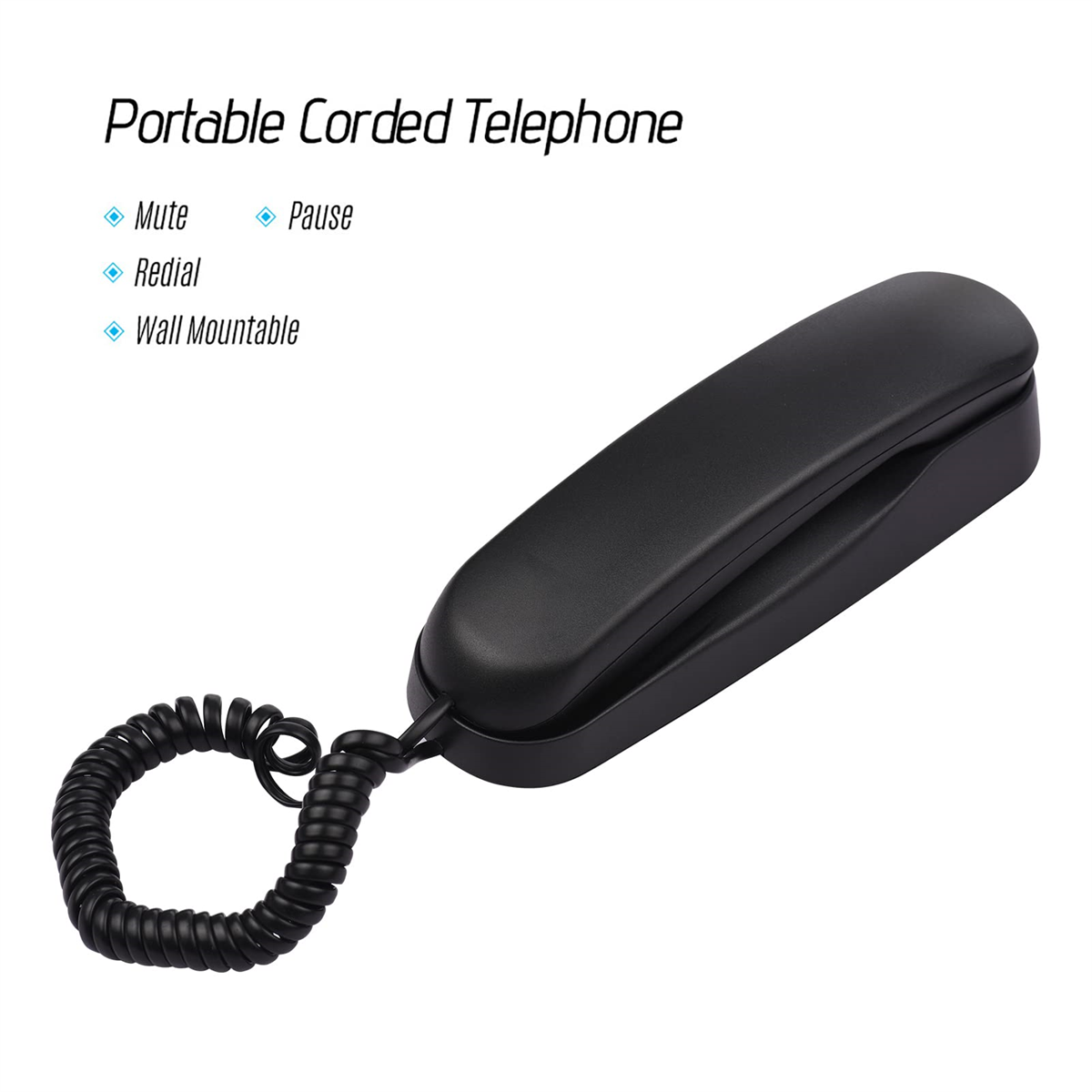 Schwarzes schnurgebundenes Telefon mit Spiralkabel und Stummschaltung, Pause und Wahlwiederholung.