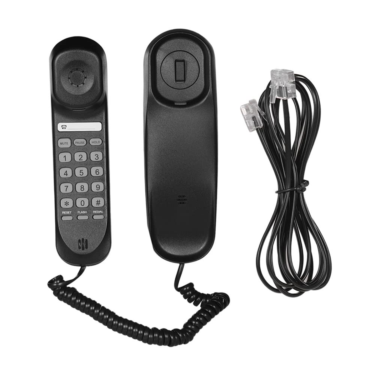 Schwarzes Wandtelefon mit Tasten, Hörer und Spiralkabel. Weißer Hintergrund.