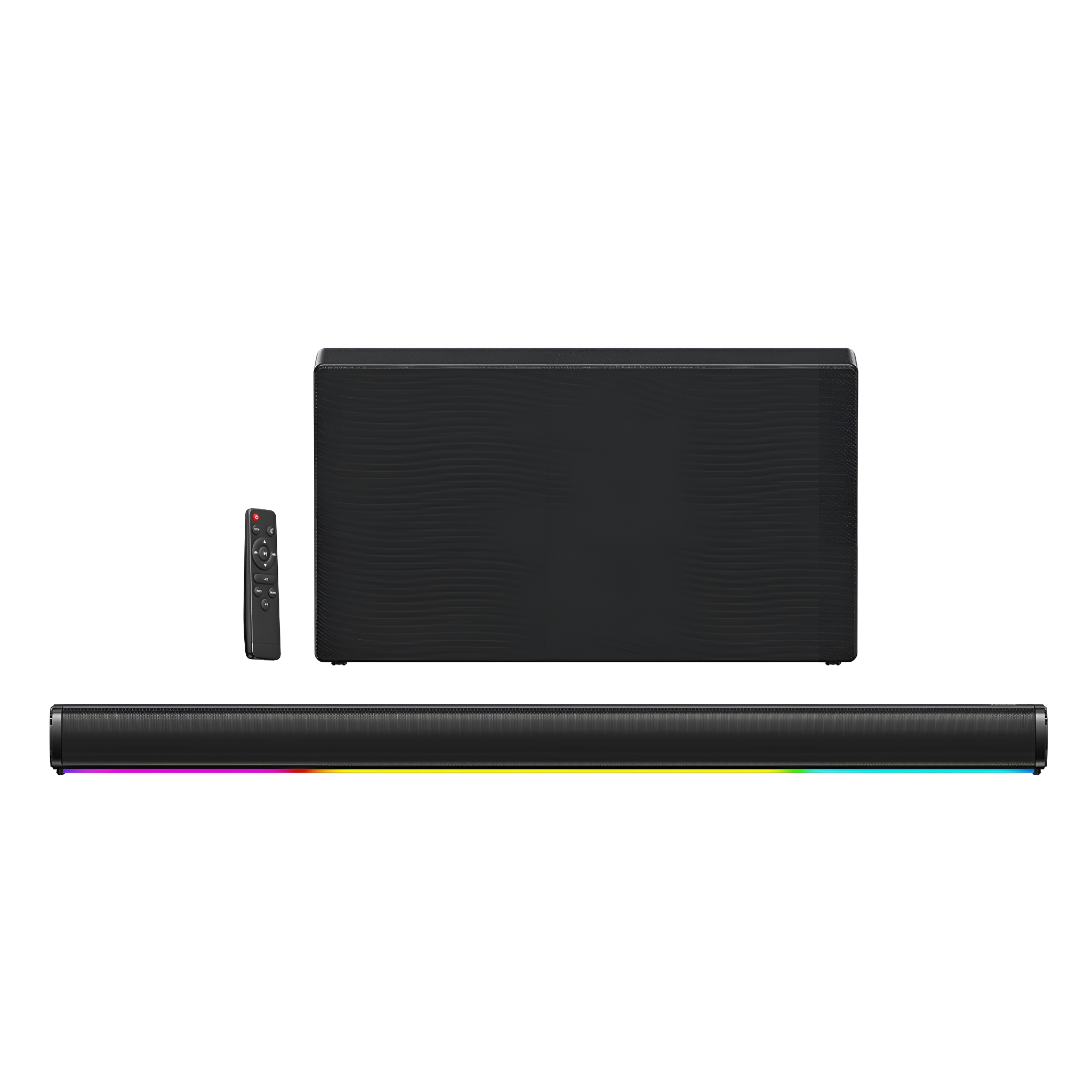 Schwarze Soundbar mit bunten Lichtern. Fernbedienung und Subwoofer vorhanden.