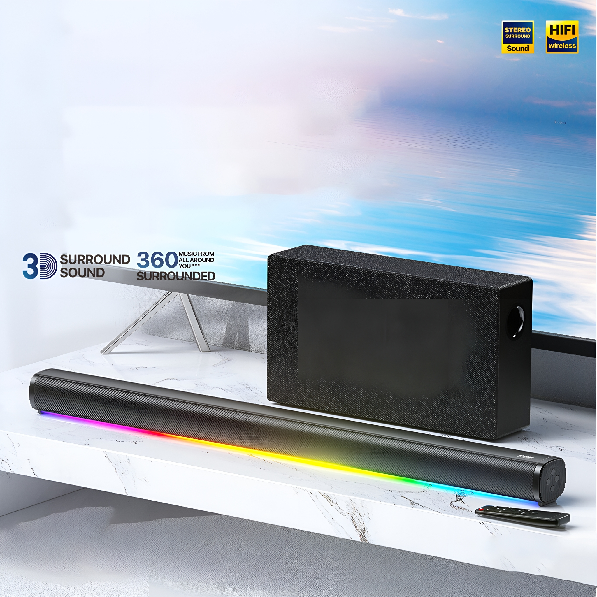 Eine schwarze Soundbar mit Subwoofer. Die Soundbar hat ein Regenbogen-LED-Licht.