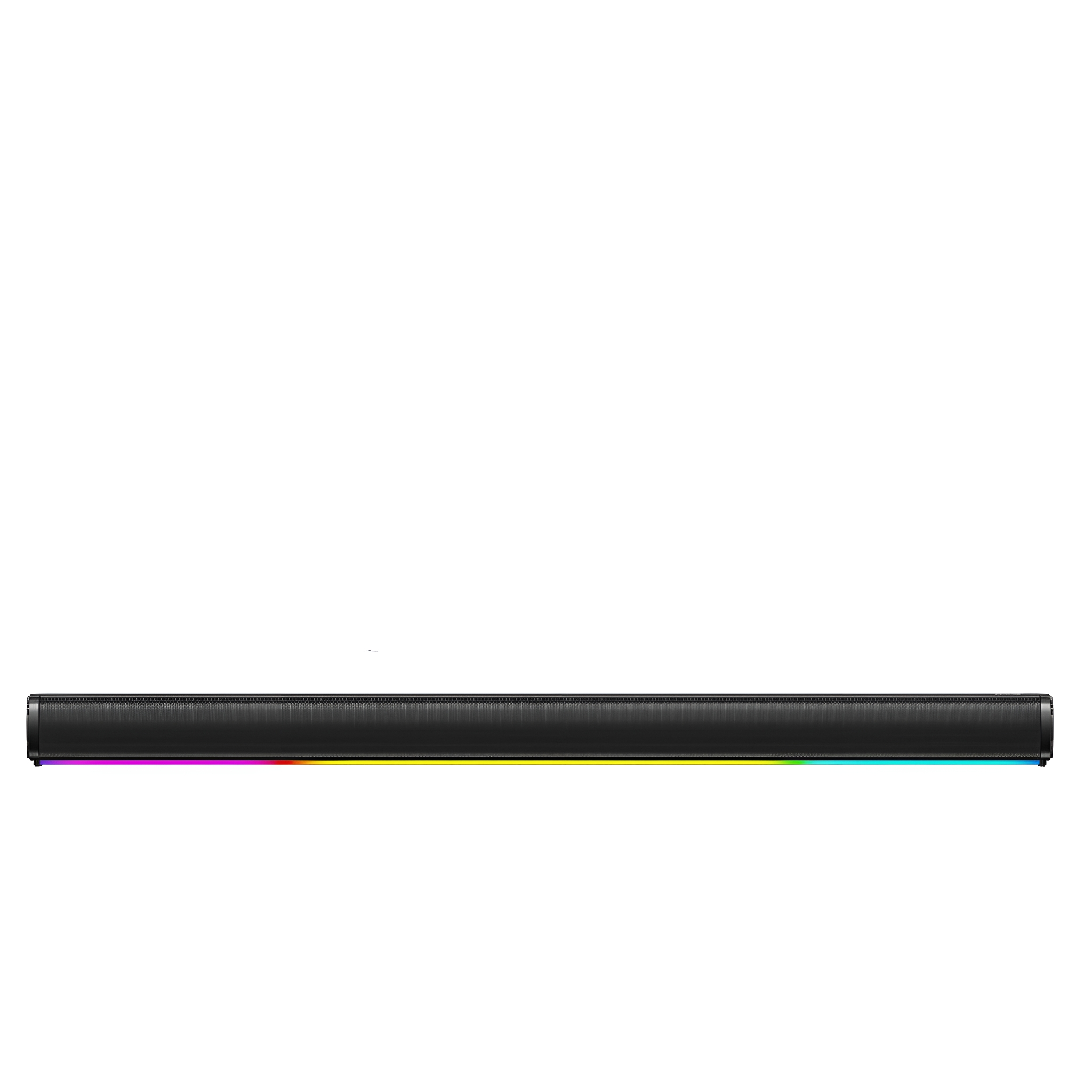 Schwarze Soundbar mit RGB-Lichtern unten, weißer Hintergrund.