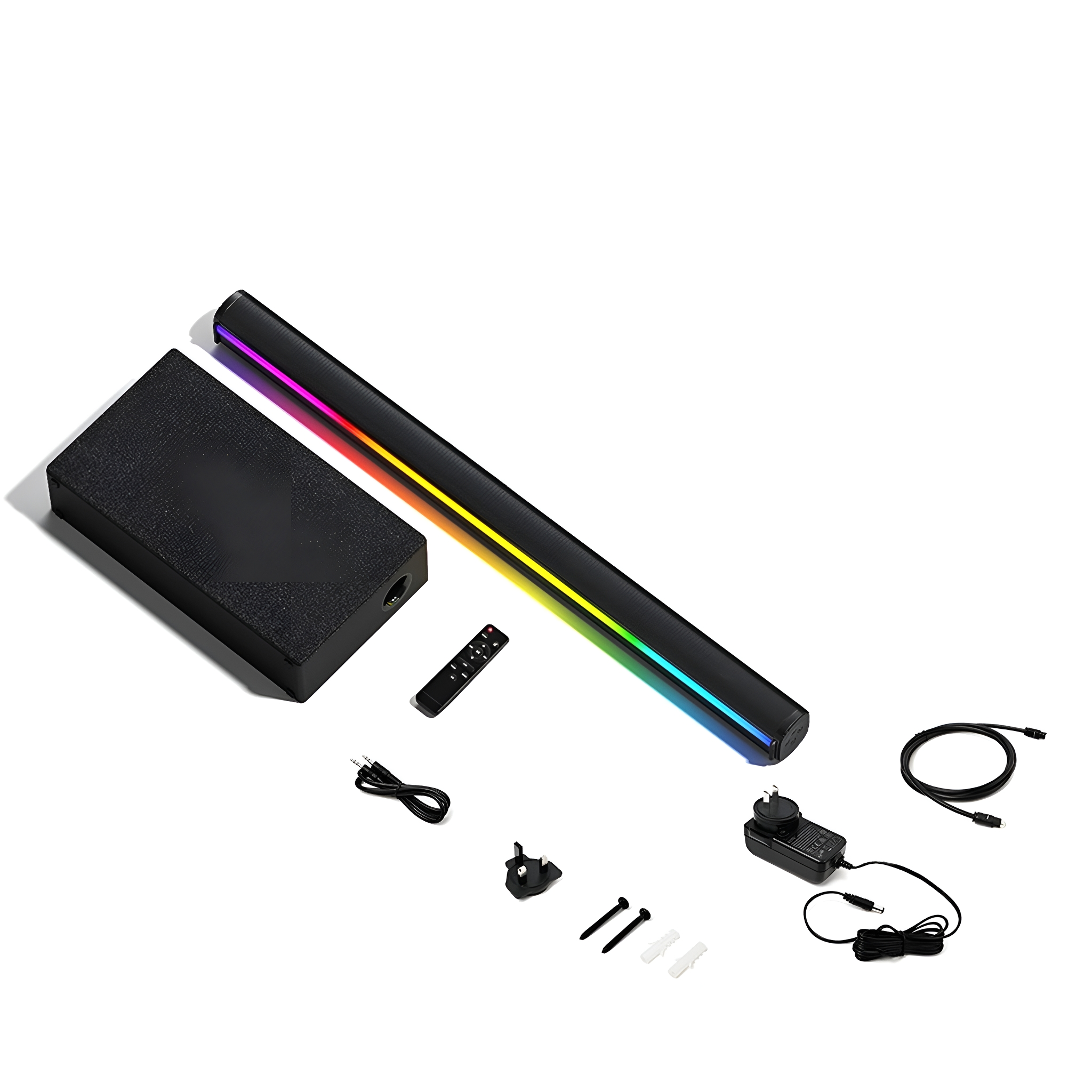 Soundbar und Subwoofer mit Zubehör. Schwarz, weißer Hintergrund, Regenbogenlichter.