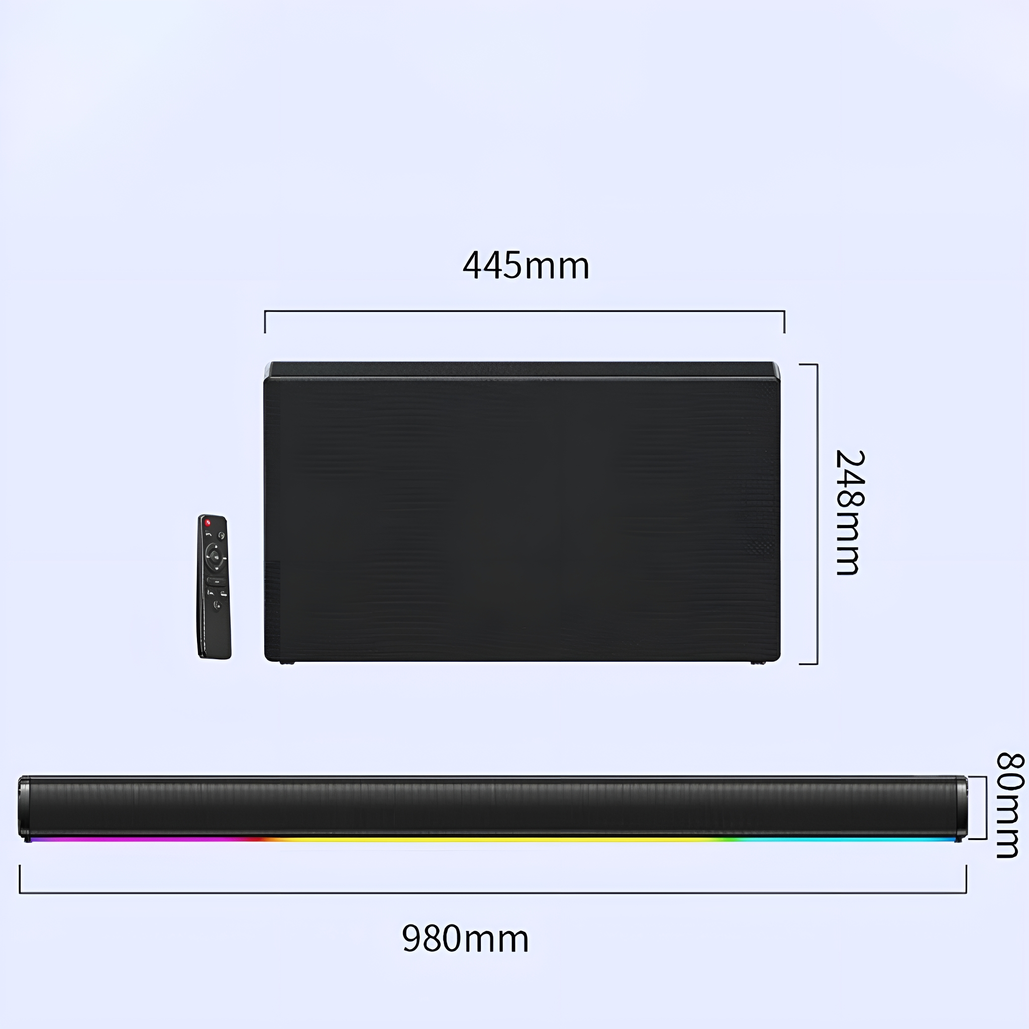Schwarze Soundbar mit Abmessungen, Fernbedienung links. Unten: RGB-Licht. Oben: Schwarze Box mit Maßen.