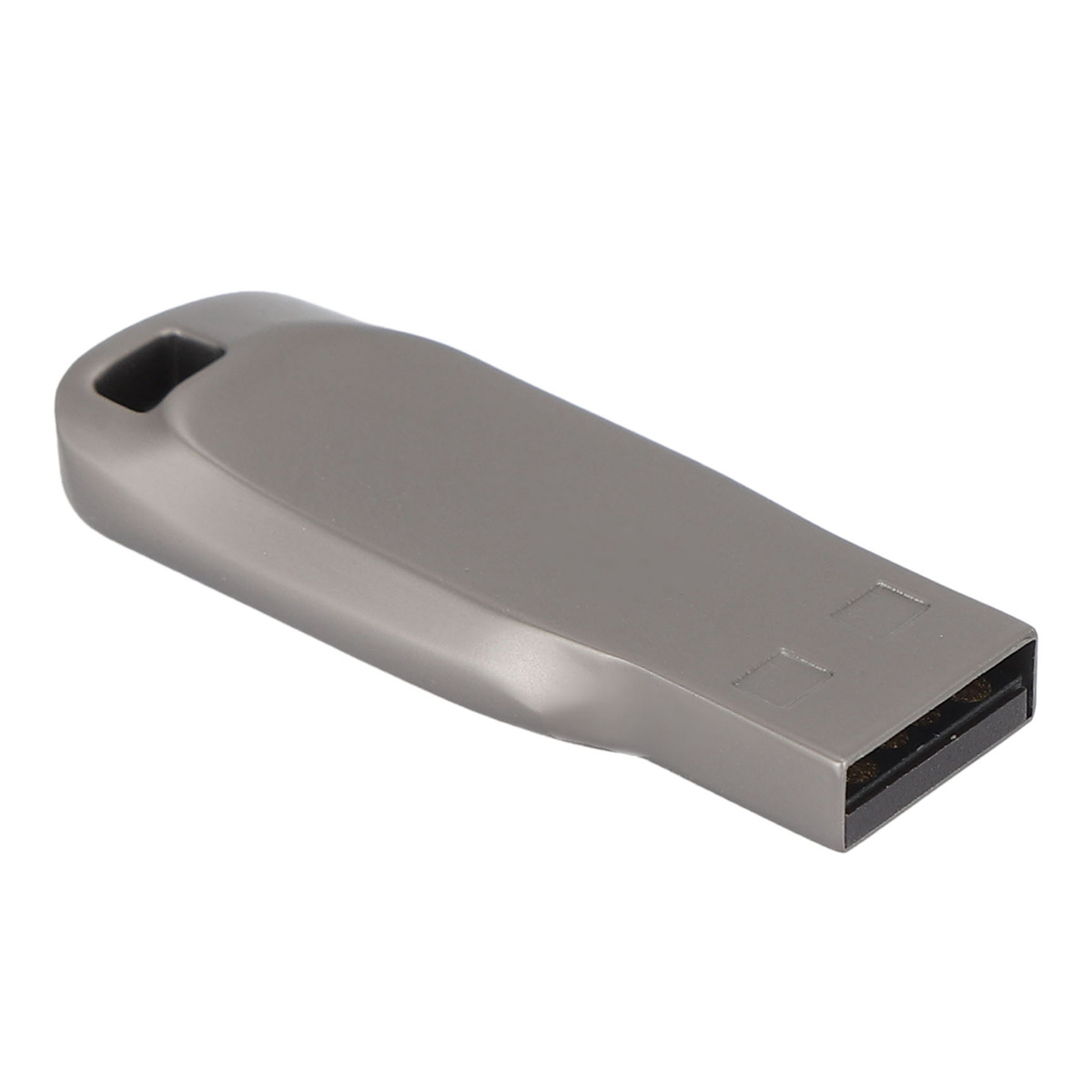 Grauer USB-Stick. Schräge Ansicht, isoliert auf weißem Hintergrund.