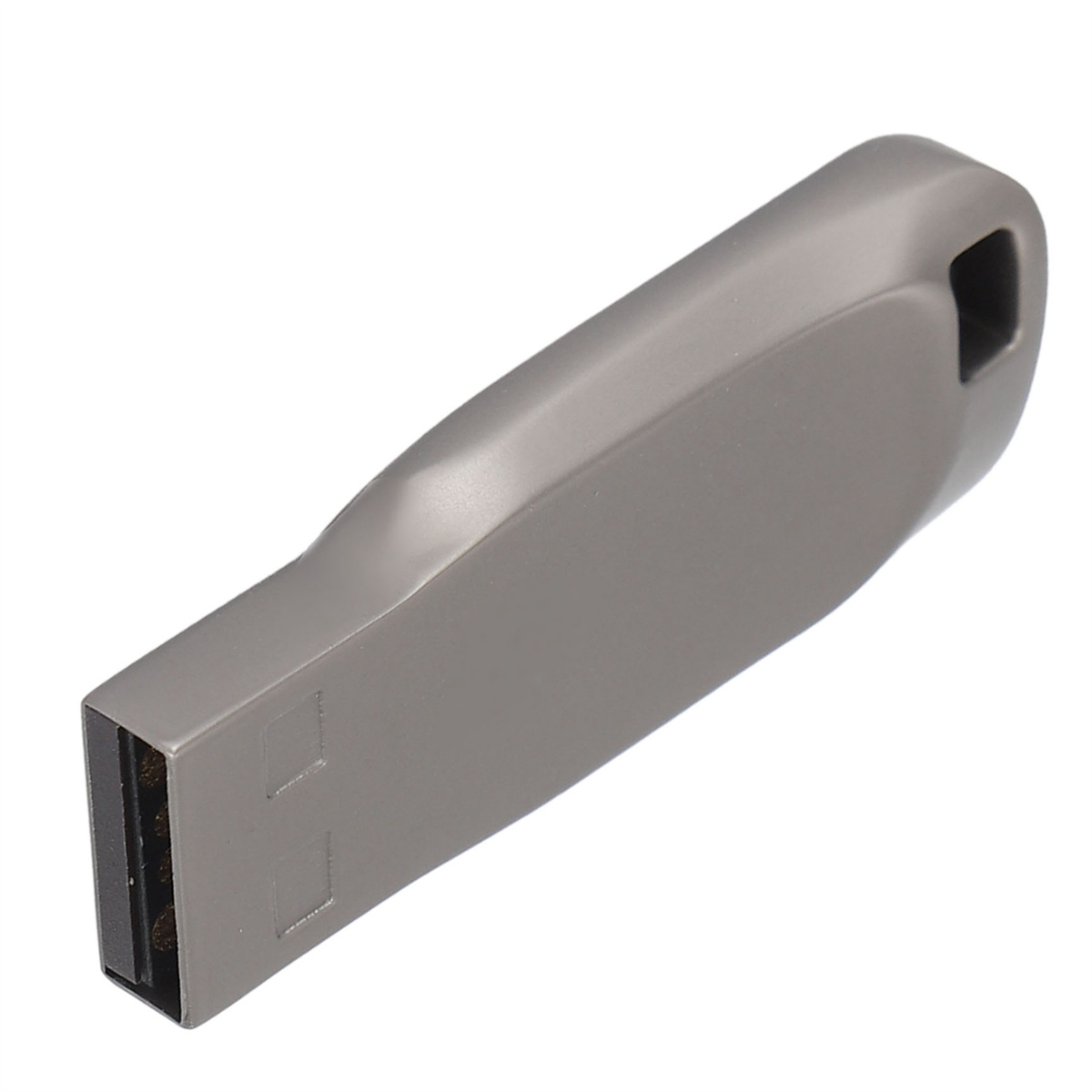 Ein grauer USB-Stick auf weißem Hintergrund. Es hat ein einfaches, gebogenes Design.