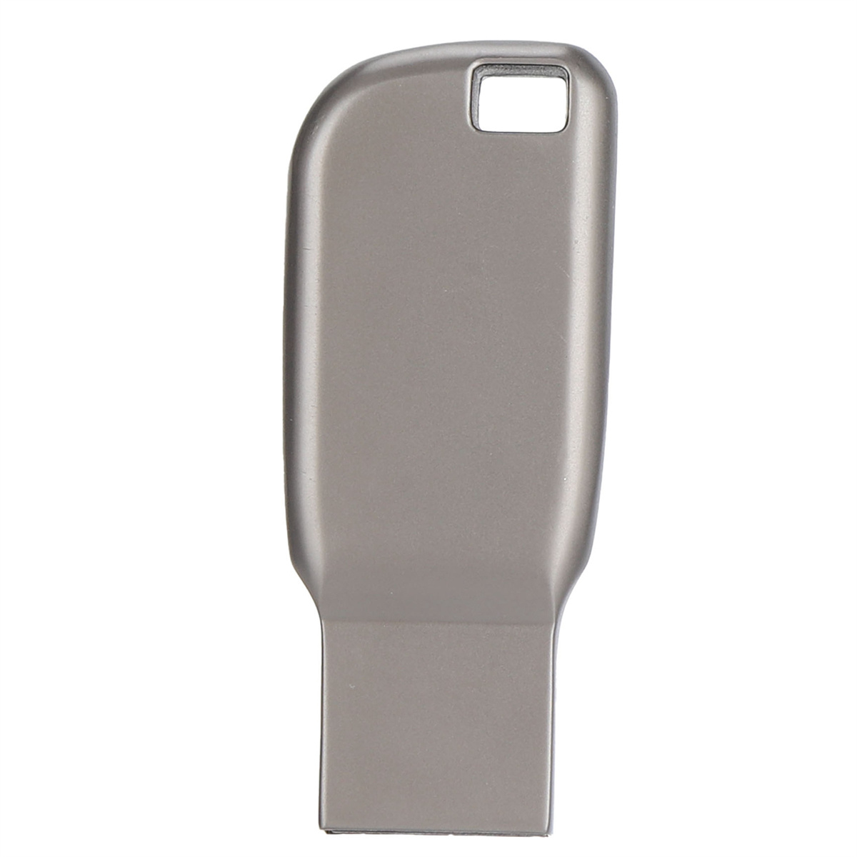 Silberner USB-Stick. Rechteckige Form mit Loch. Graues Metallic-Finish. Weißer Hintergrund.