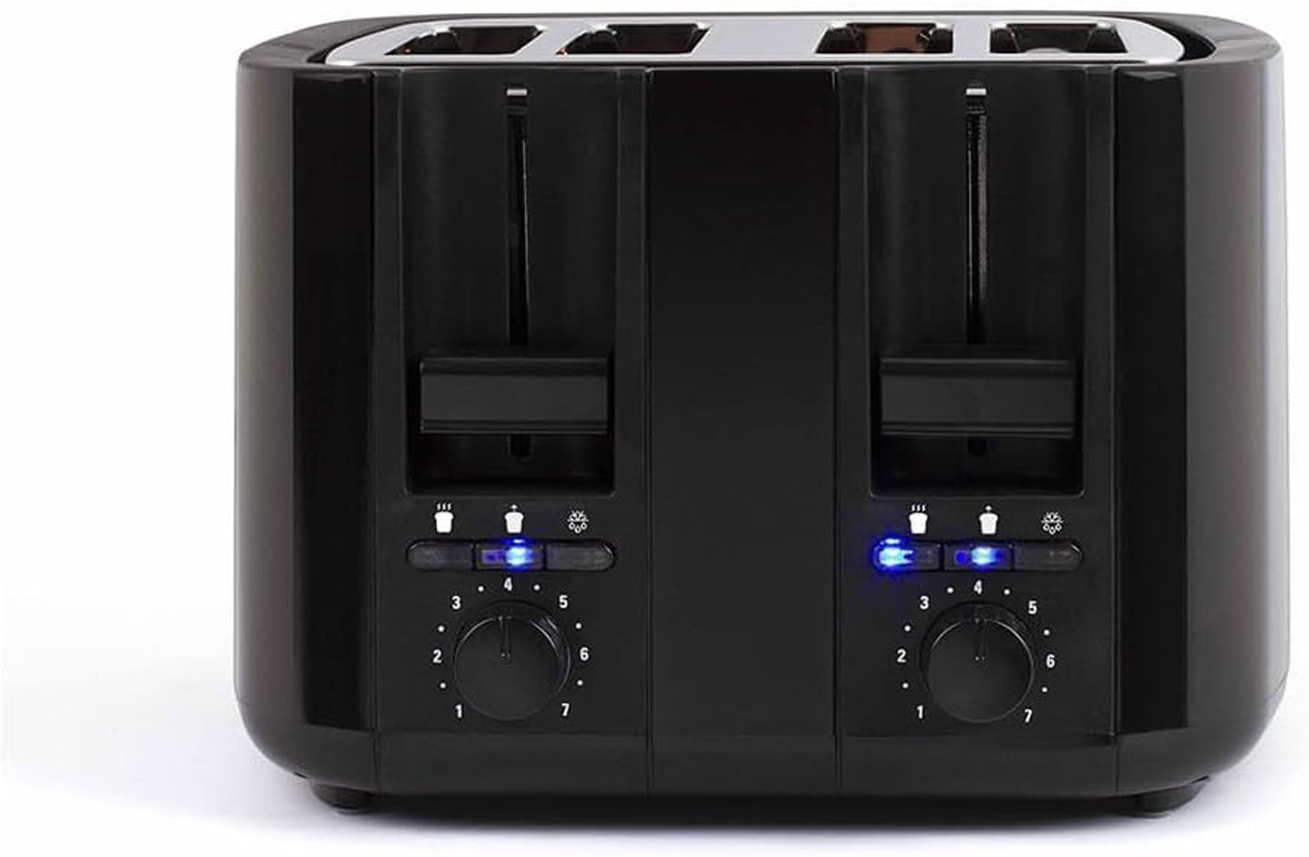 Ein schwarzer Toaster mit zwei Schlitzen und Bedienknöpfen, mit blauen Kontrollleuchten.