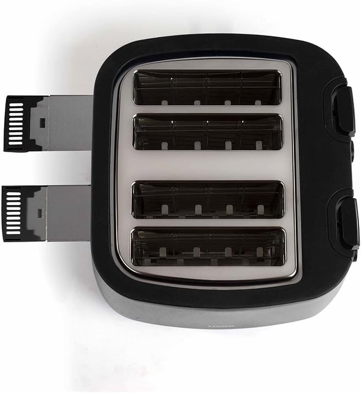 Draufsicht auf einen schwarzen Vier-Scheiben-Toaster mit silbernen Akzenten.