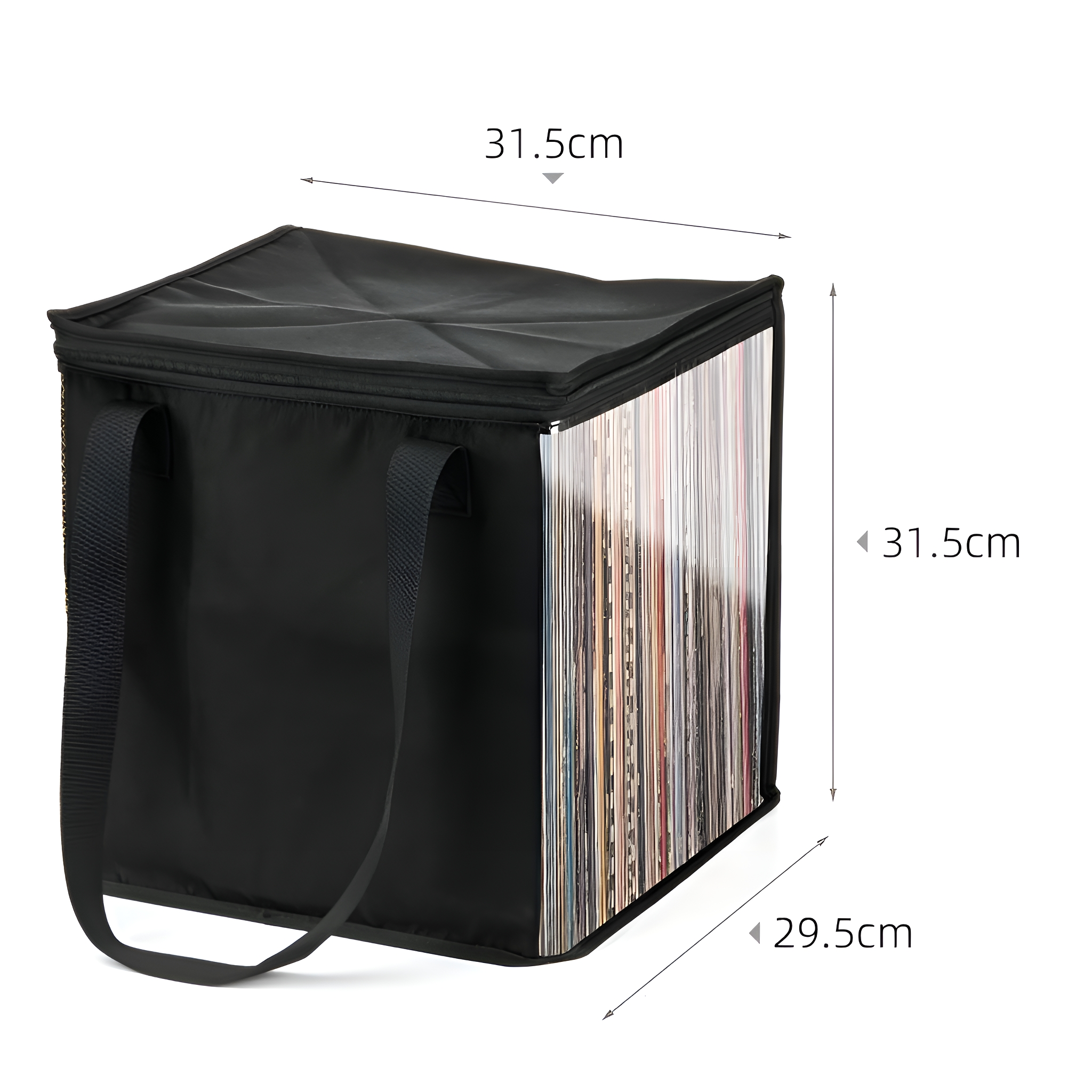 Schwarze Tasche mit Schallplatten, mit Maßen auf weißem Hintergrund.