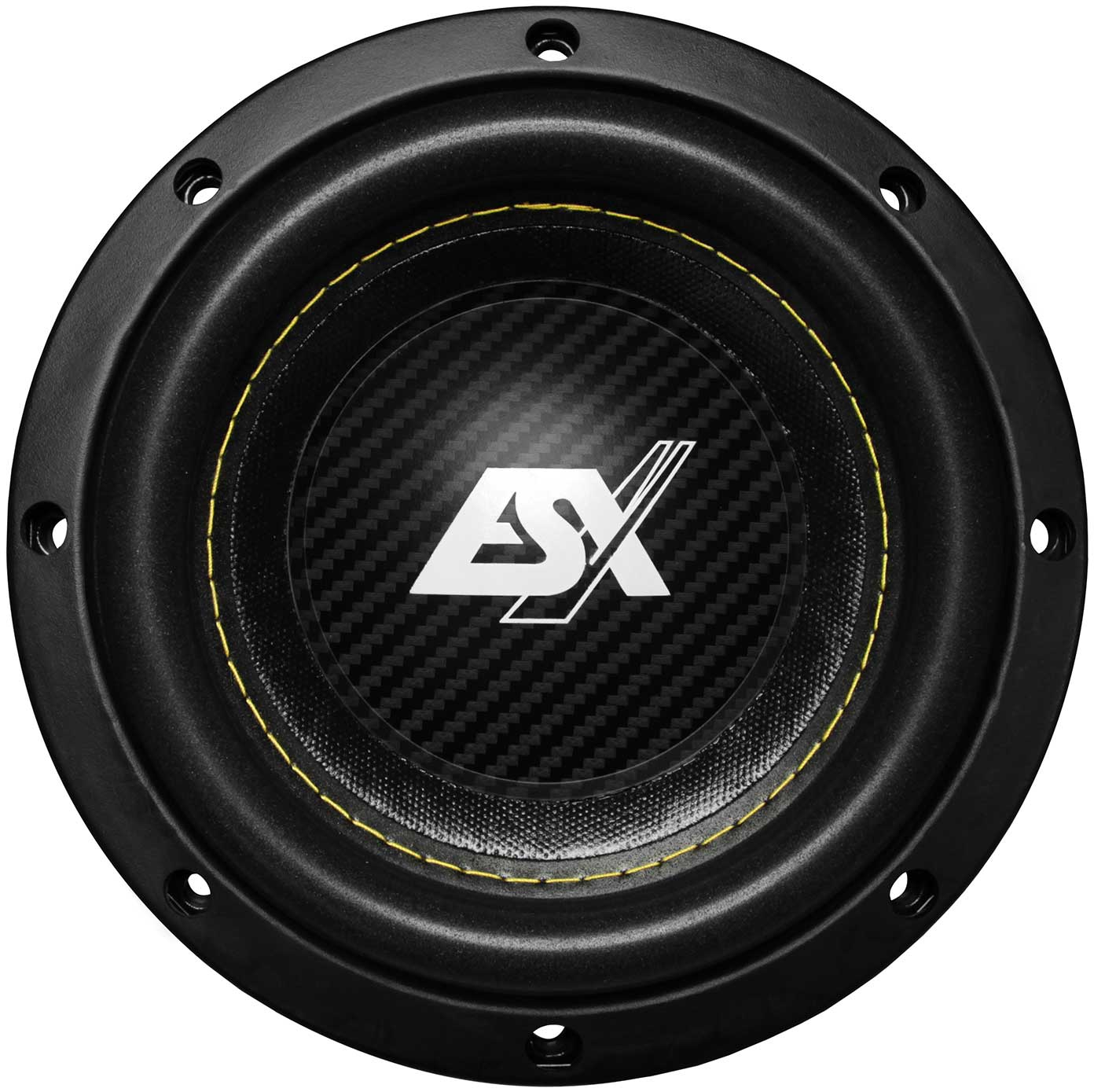 Schwarzer Subwoofer-Lautsprecher-Nahaufnahme mit einer Kohlefaser-Membran und gelben Nähten.