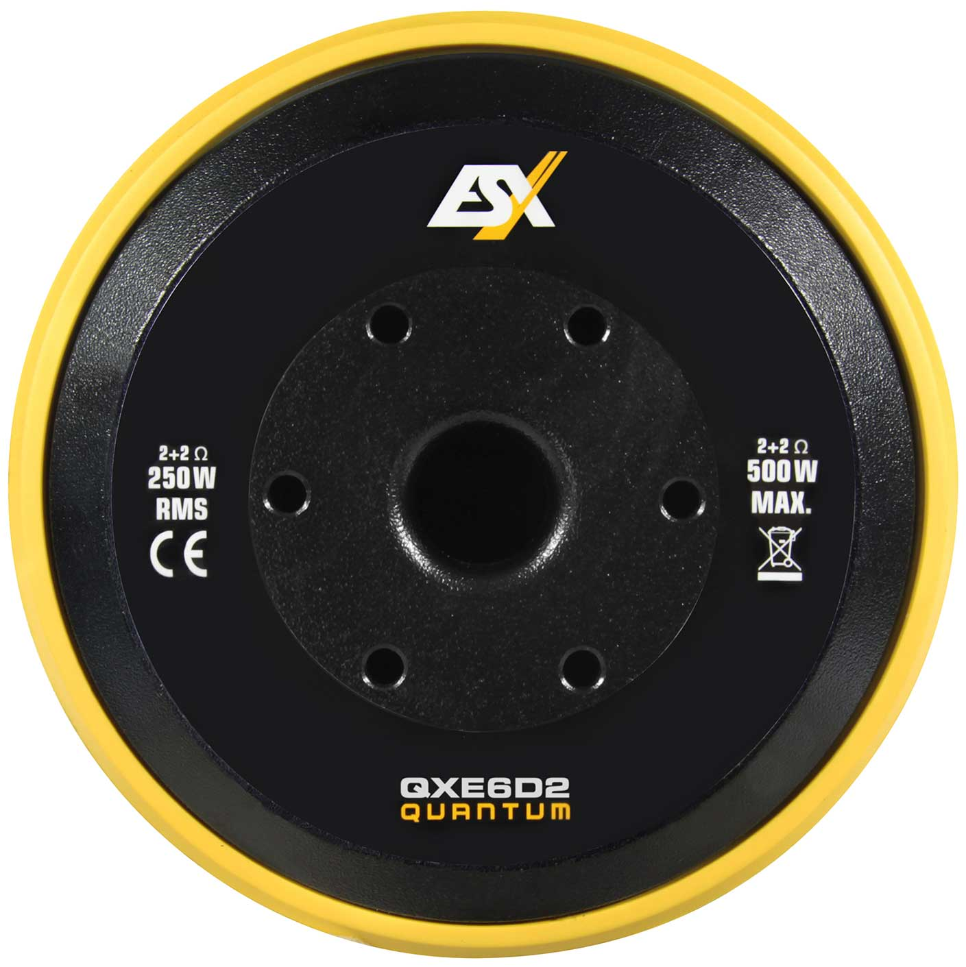 Kreisförmiger Lautsprecher, schwarze Mitte mit gelbem Rand. Text: 2+2 Ohm, 250W RMS, 500W MAX.