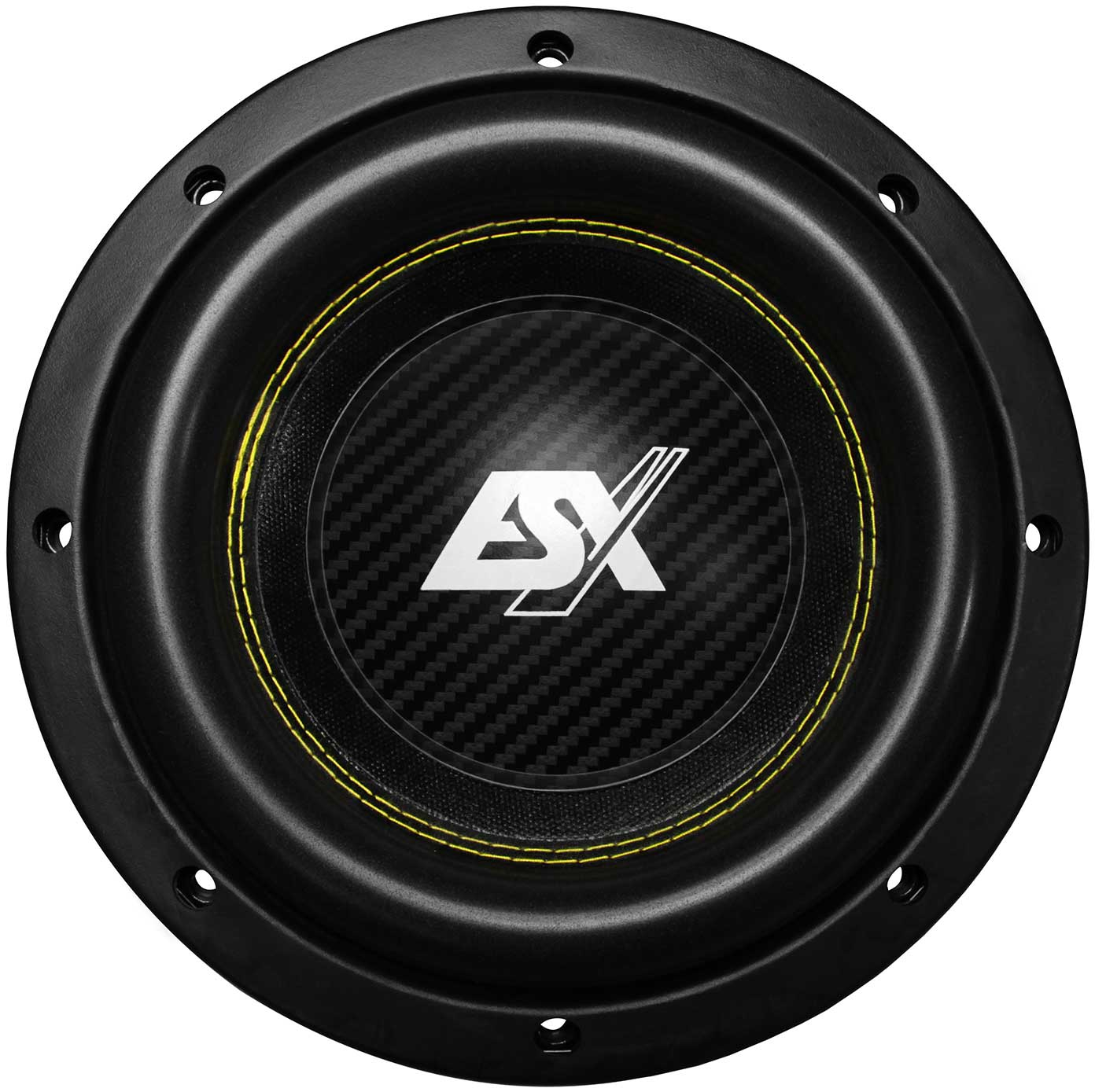Schwarzer Auto-Subwoofer mit gelben Nähten. Mitte mit Carbonfaser-Optik, mit dem weißen 'ESX'-Logo.