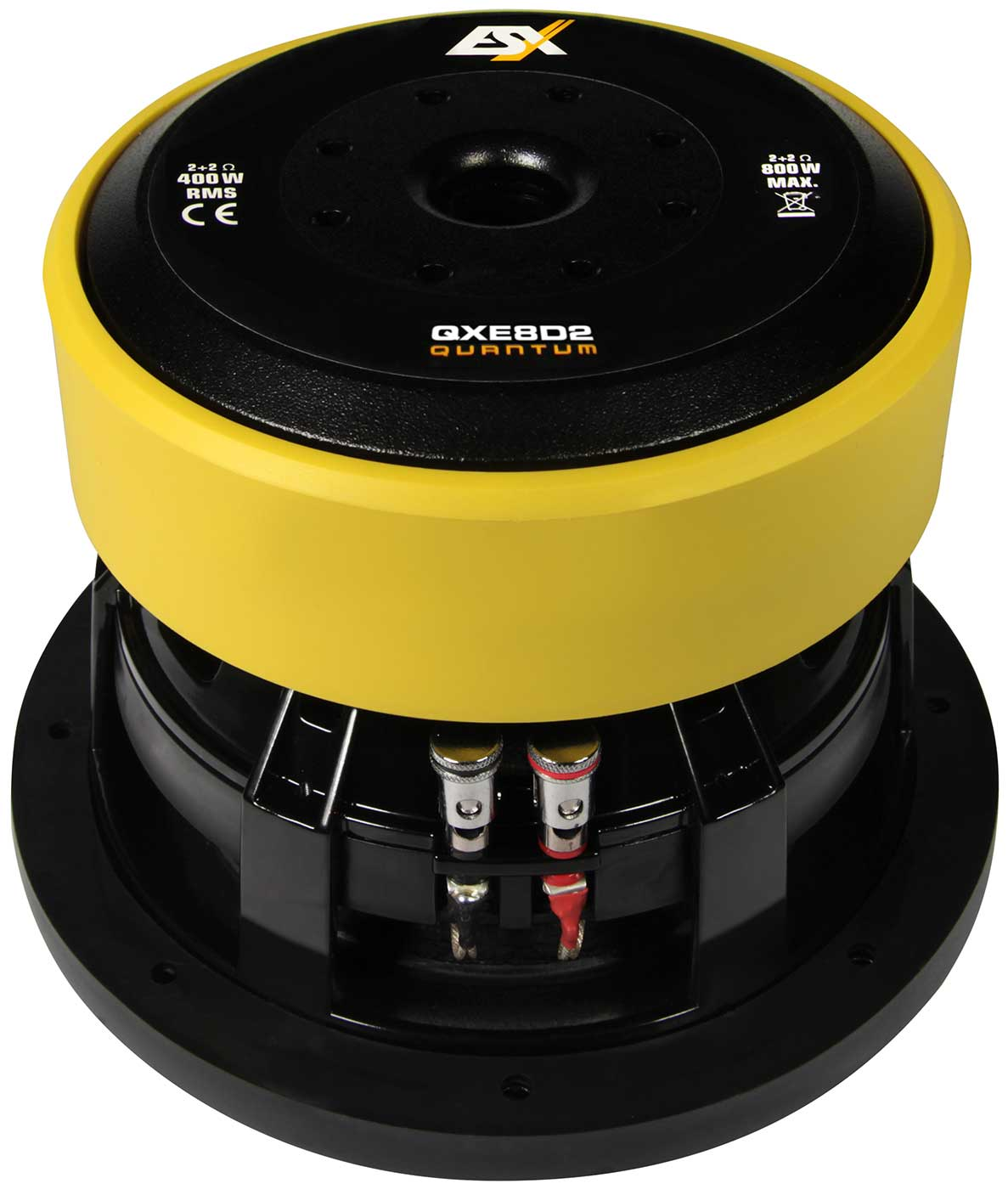 Gelb-schwarzer Subwoofer-Lautsprecher. Markenname und Spezifikationen sind sichtbar.