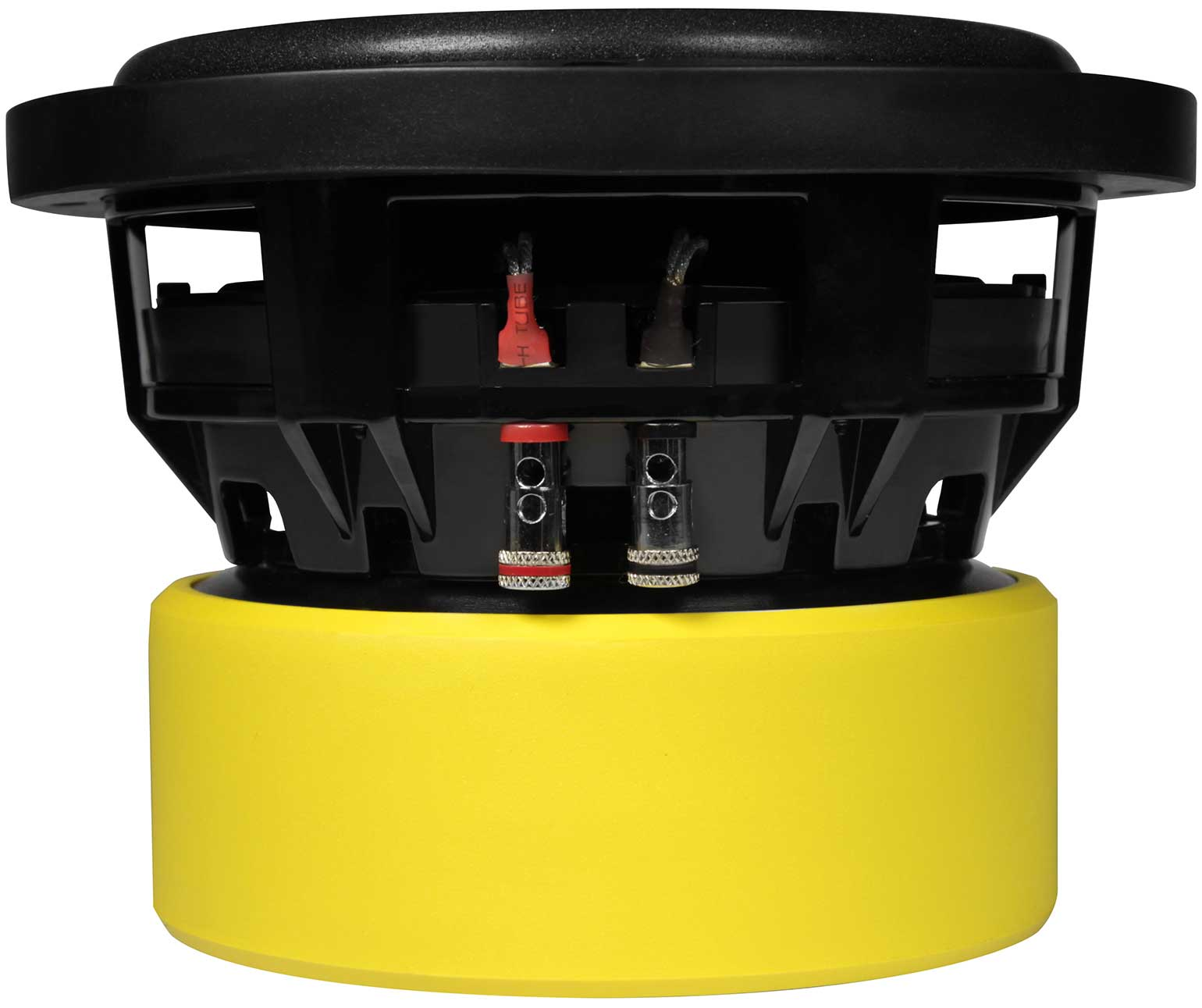 Ein Subwoofer-Lautsprecher, Rückseite und Boden in Schwarz und Gelb, Nahaufnahme.