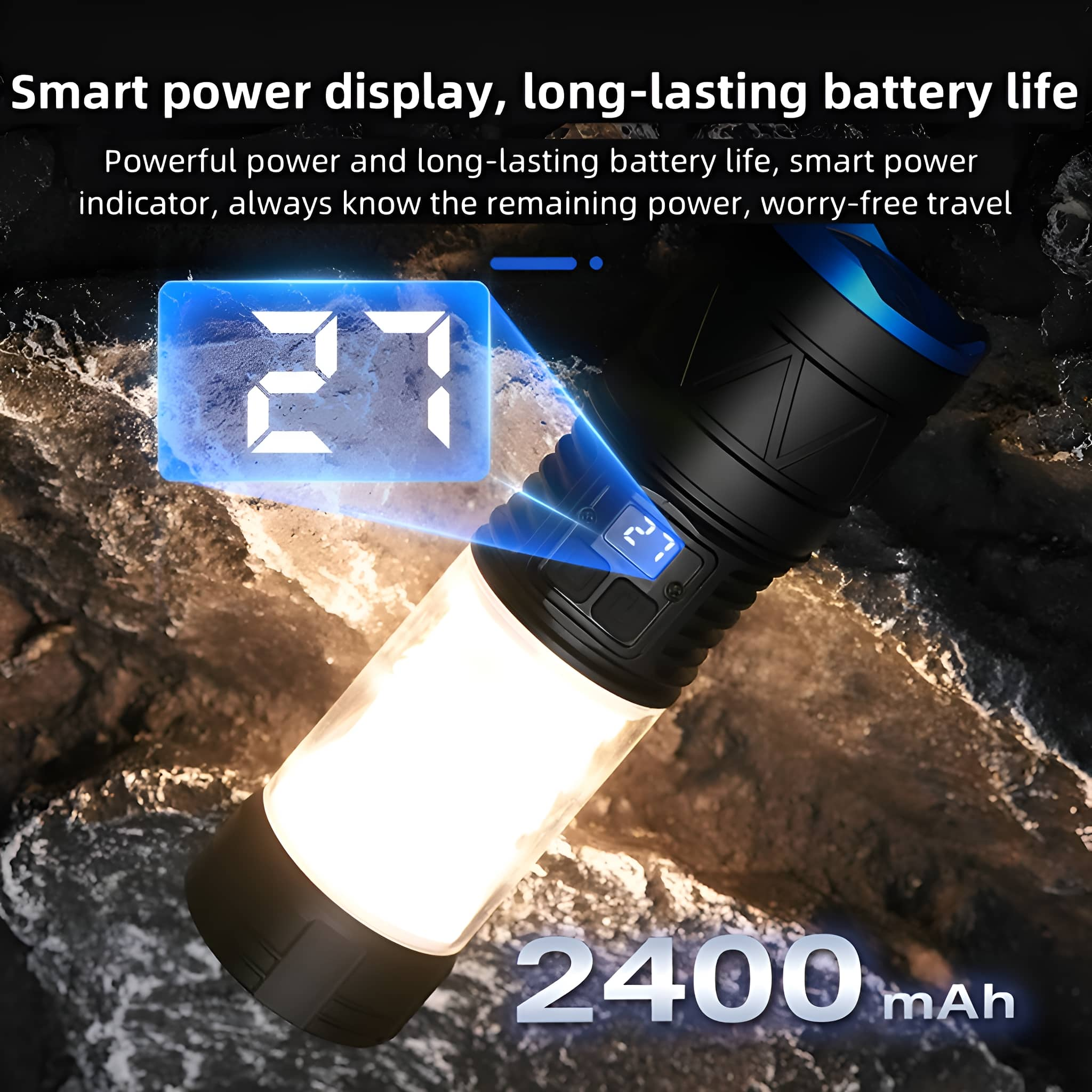 Schwarze Taschenlampe mit weißem Licht, Digitalanzeige zeigt 27. Text: intelligente Leistungsanzeige, 2400 mAh Akku.