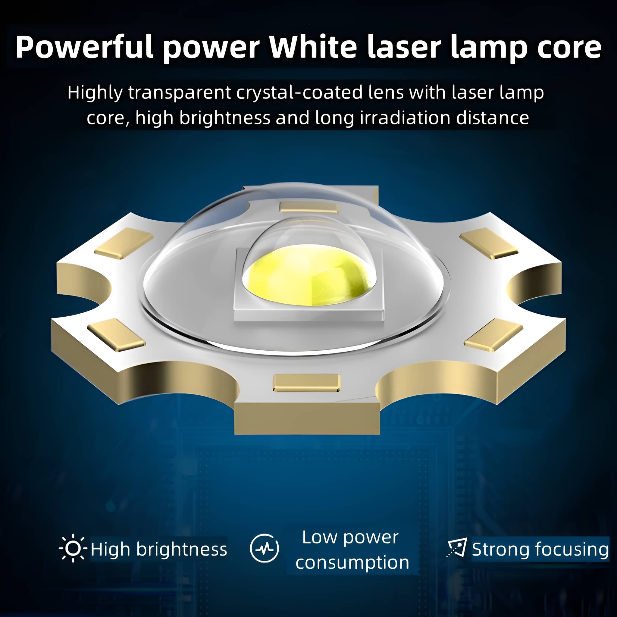 Ein weißer Laserlampenkern mit transparentem Objektiv und goldenen Akzenten auf blauem Farbverlauf.