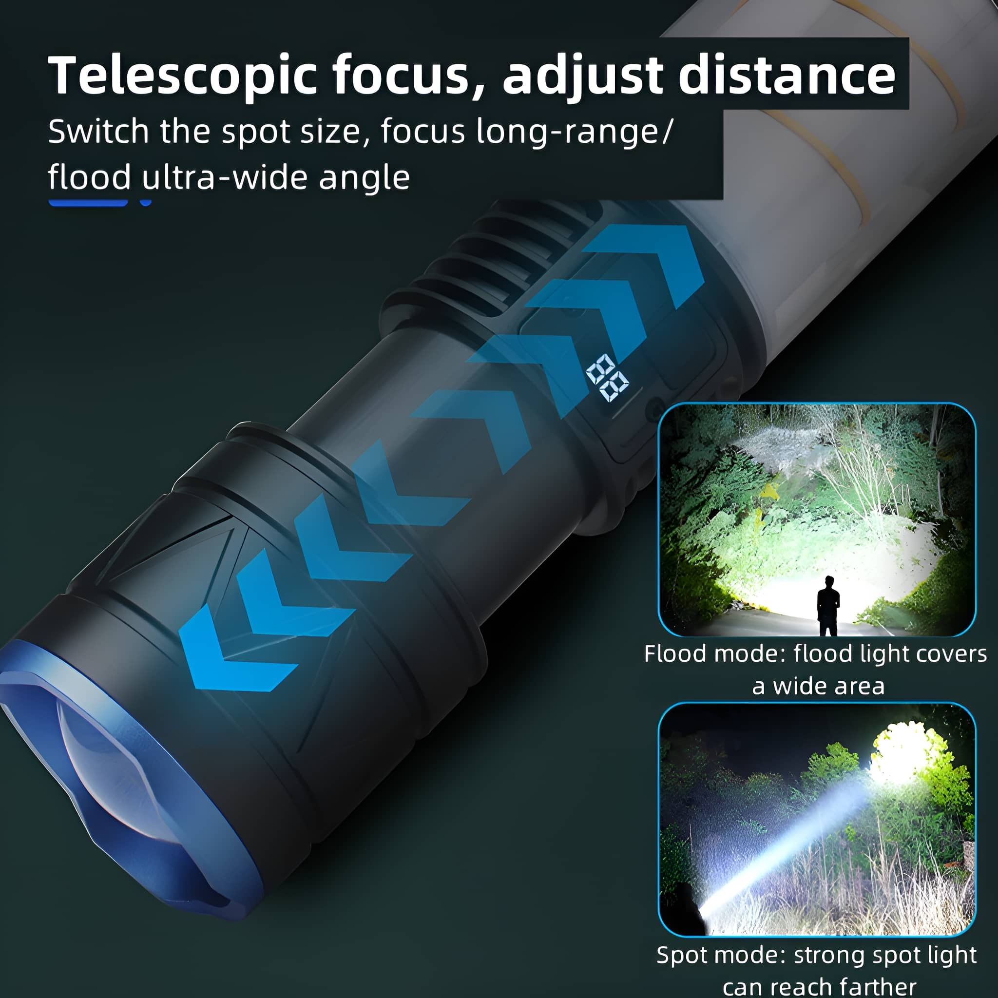 Schwarz-blaue Taschenlampe mit Lichtstrahl-Demonstrationen und Text zum Fokus.