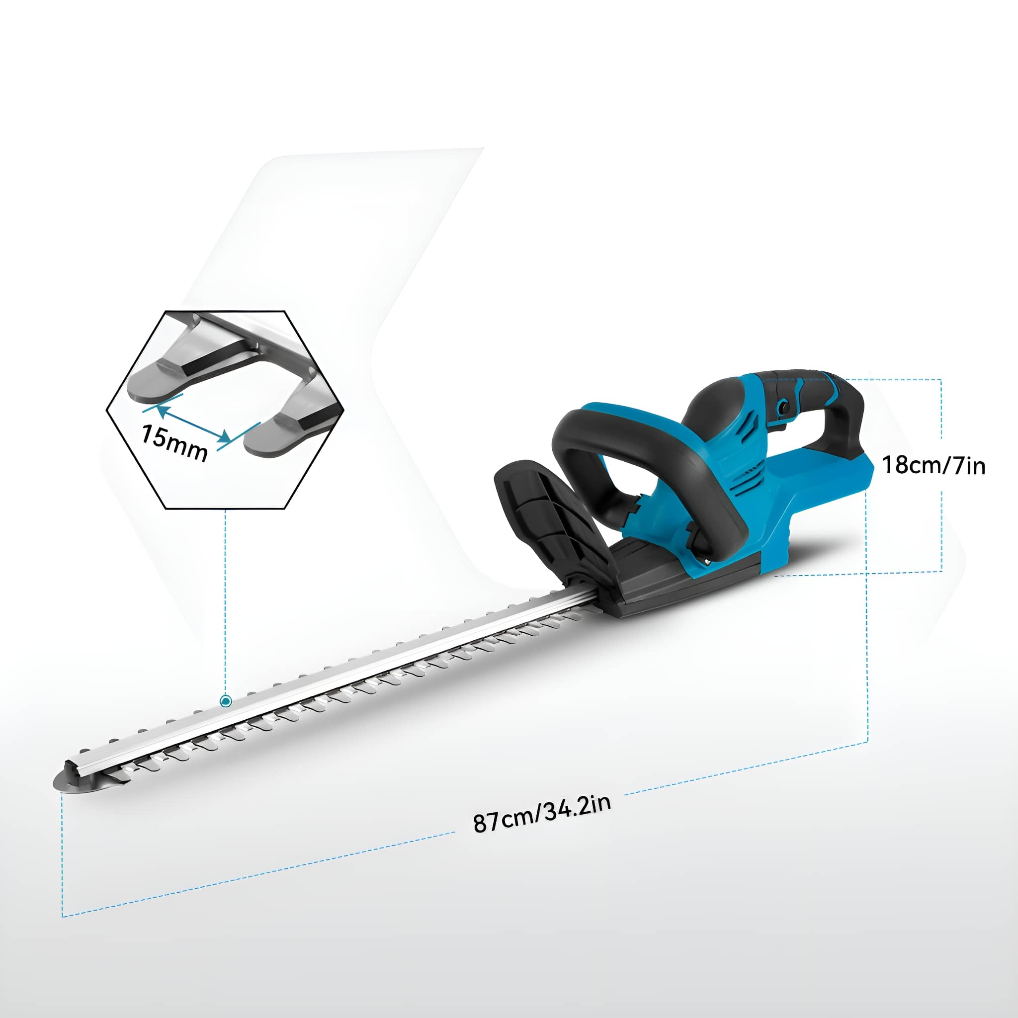 Eine blau-schwarze elektrische Heckenschere mit langer Schneidklinge und Größenangaben.