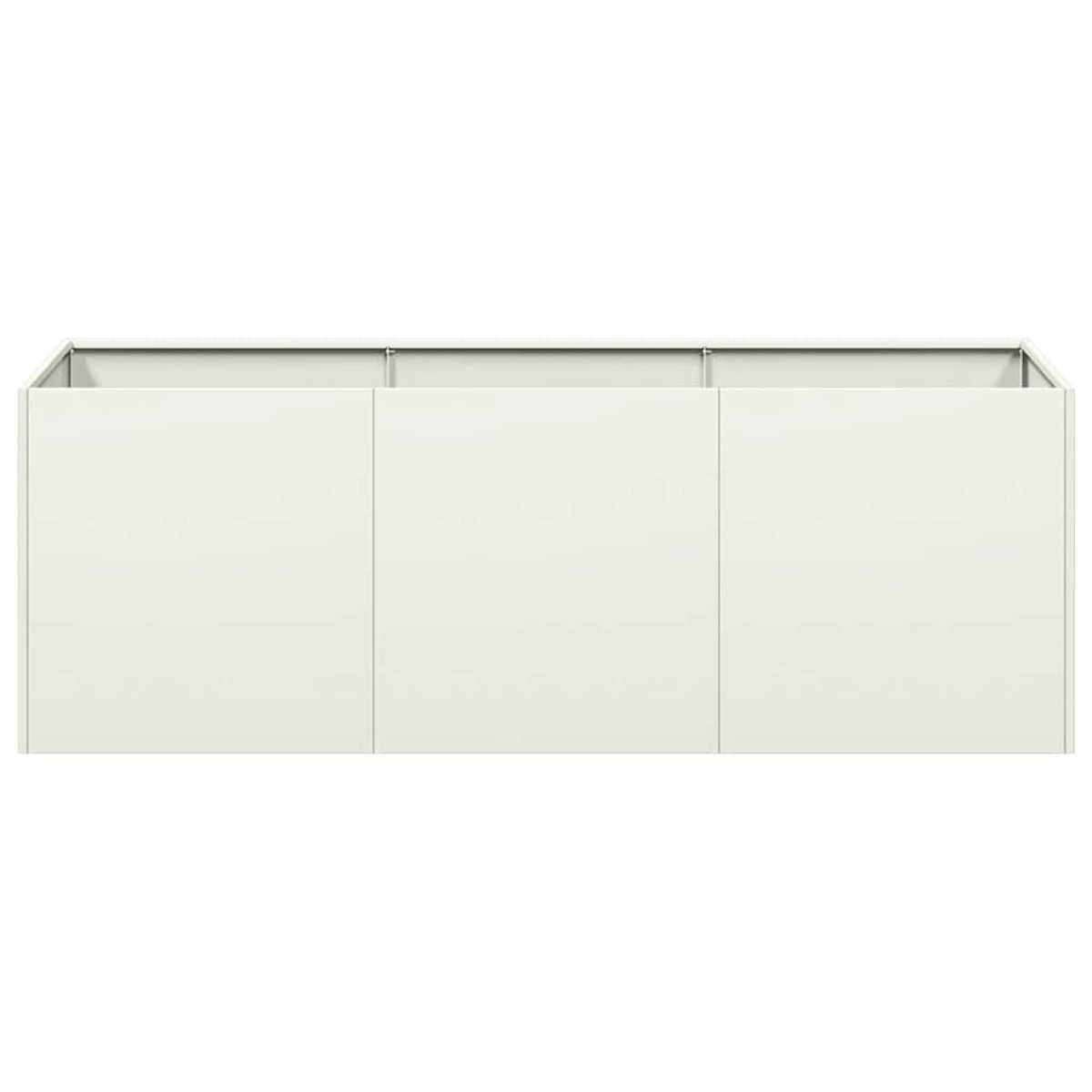 Un mobile lungo bianco con tre ante viene mostrato in uno scatto diretto.