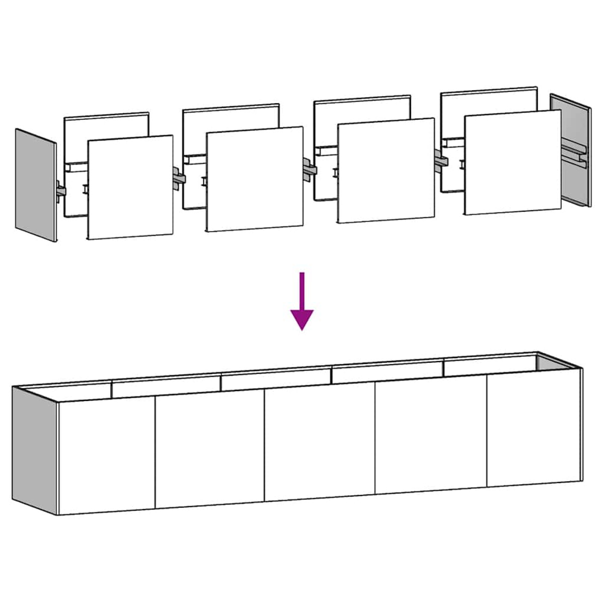 Diagramm von Schrankteilen, die zerlegt und dann zusammengebaut werden. Rechteckige und quadratische Formen in Weiß und Grau.