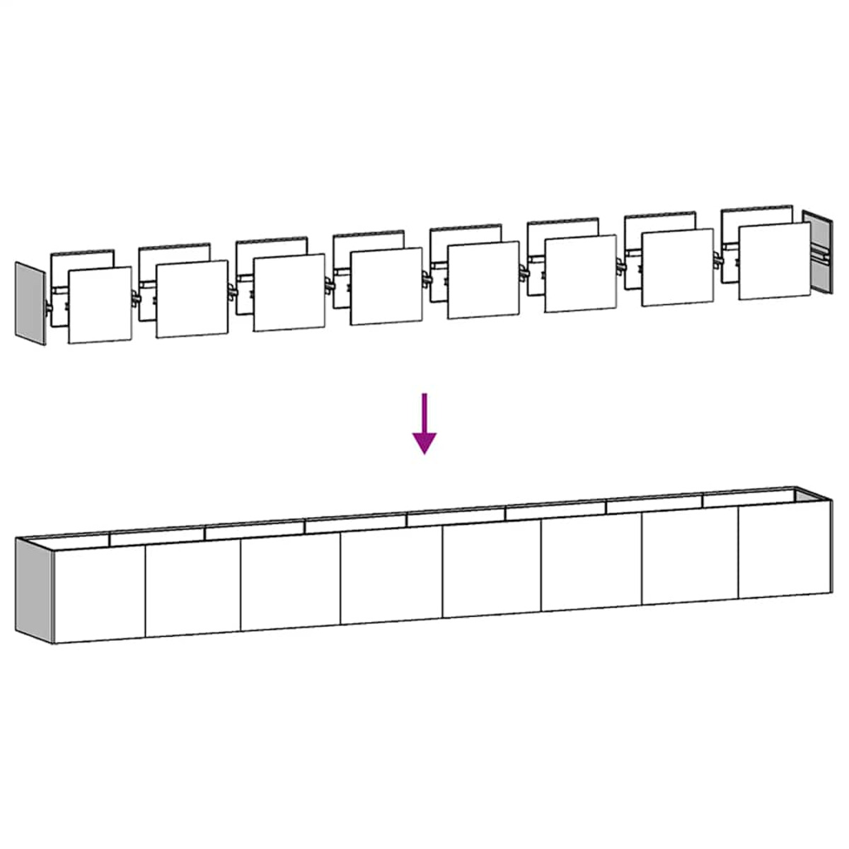 Un'illustrazione che mostra la trasformazione di più pezzi rettangolari in una scatola rettangolare.