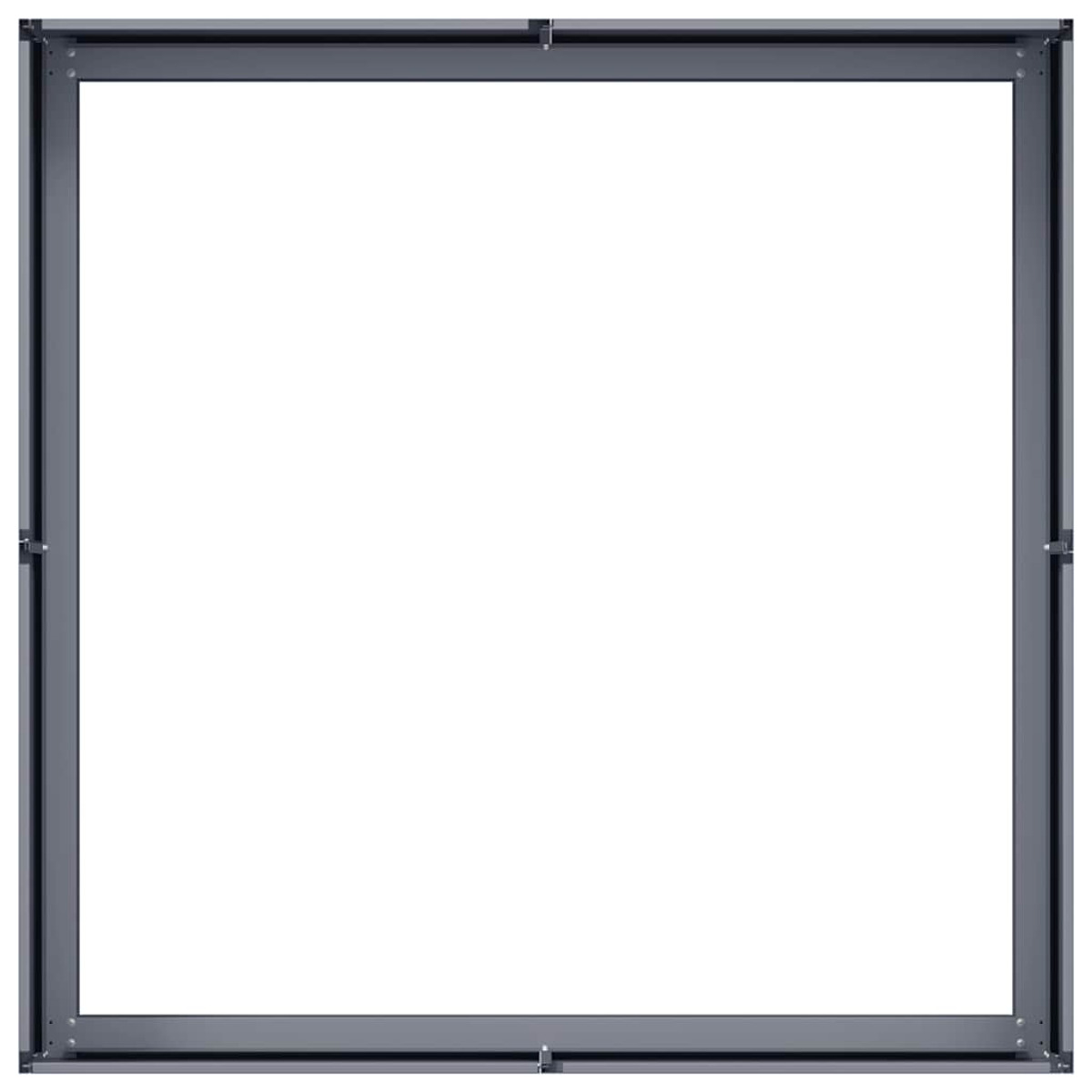 Un telaio in metallo grigio scuro, di forma quadrata, con spazio bianco all'interno. Ha punti di connessione.