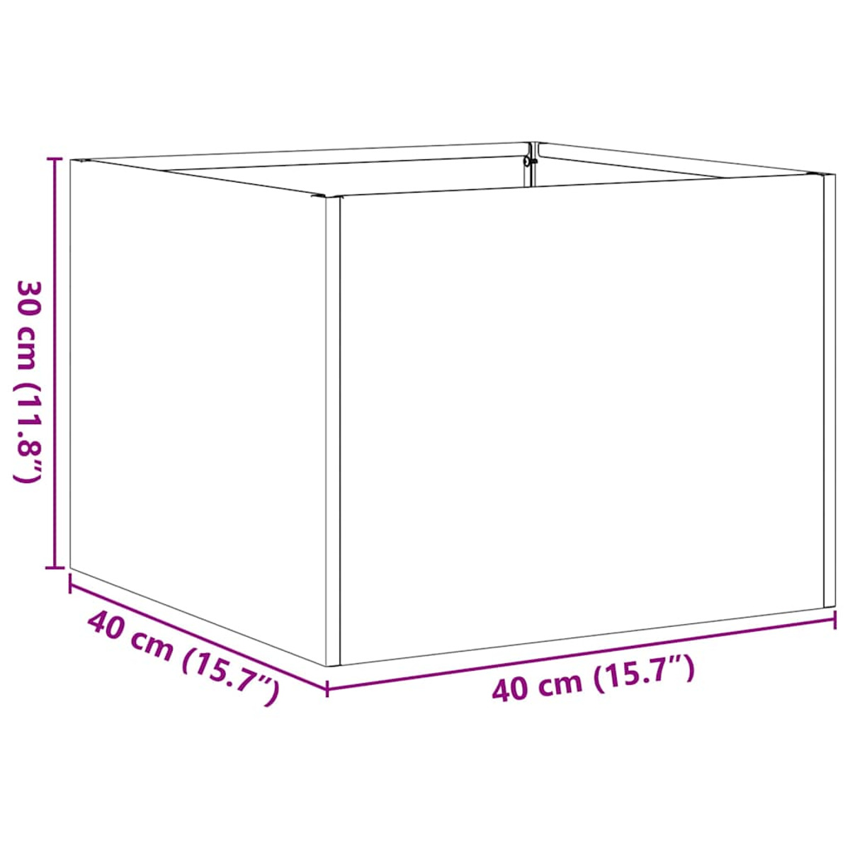 Un contorno 3D di una scatola quadrata che mostra dimensioni di 40 cm x 40 cm x 30 cm.