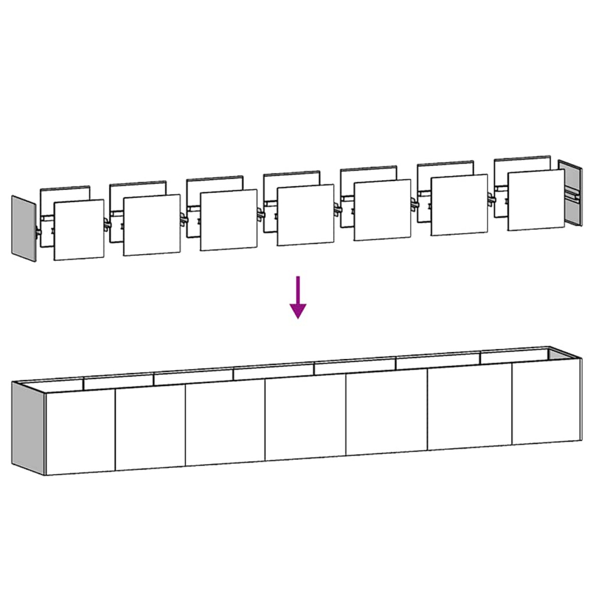 Diagramma che mostra una serie di pannelli collegati che si trasformano in una struttura rettangolare.