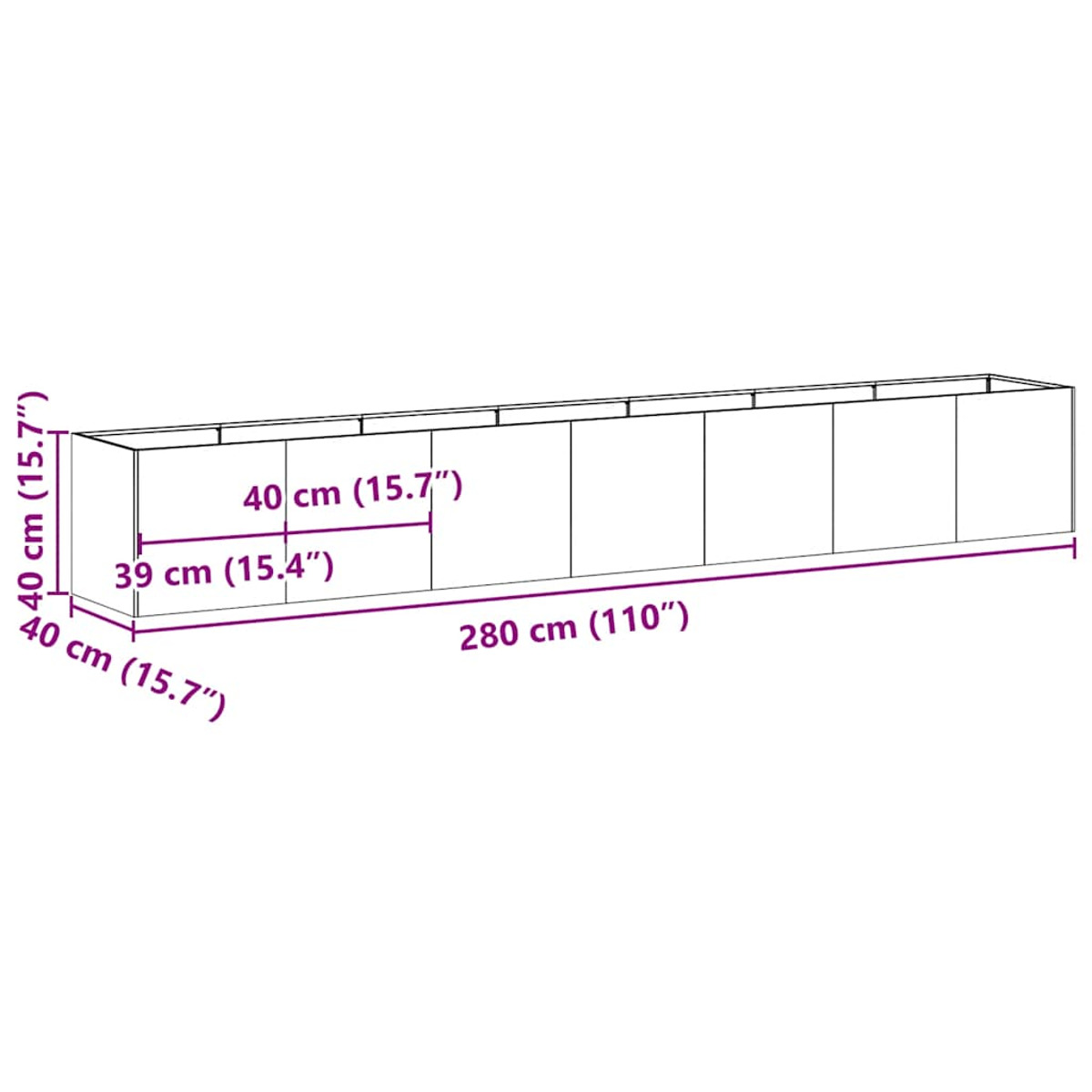 Vista isometrica di un mobile bianco rettangolare con dimensioni etichettate in centimetri e pollici.