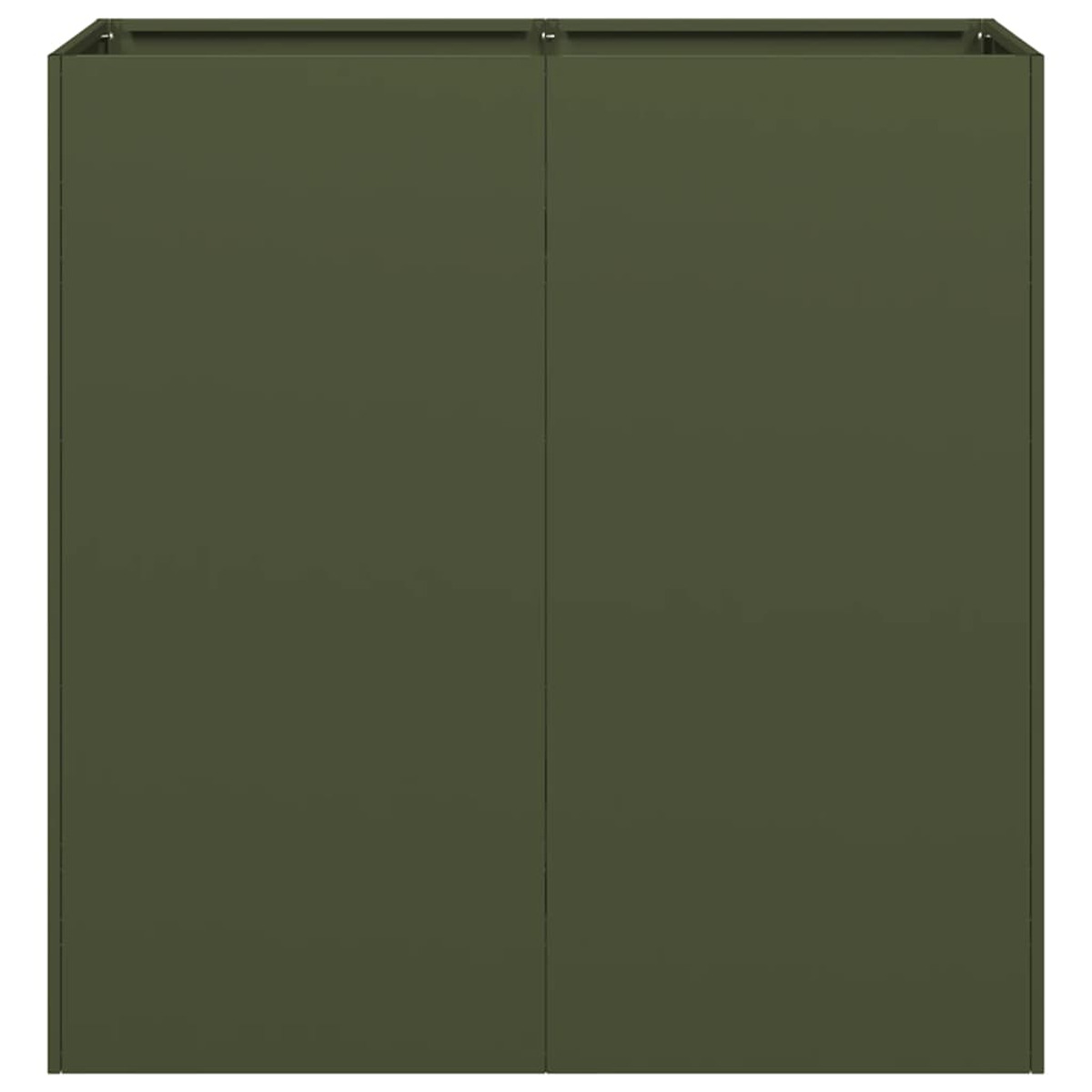 Una scatola rettangolare verde oliva con due porte chiuse.