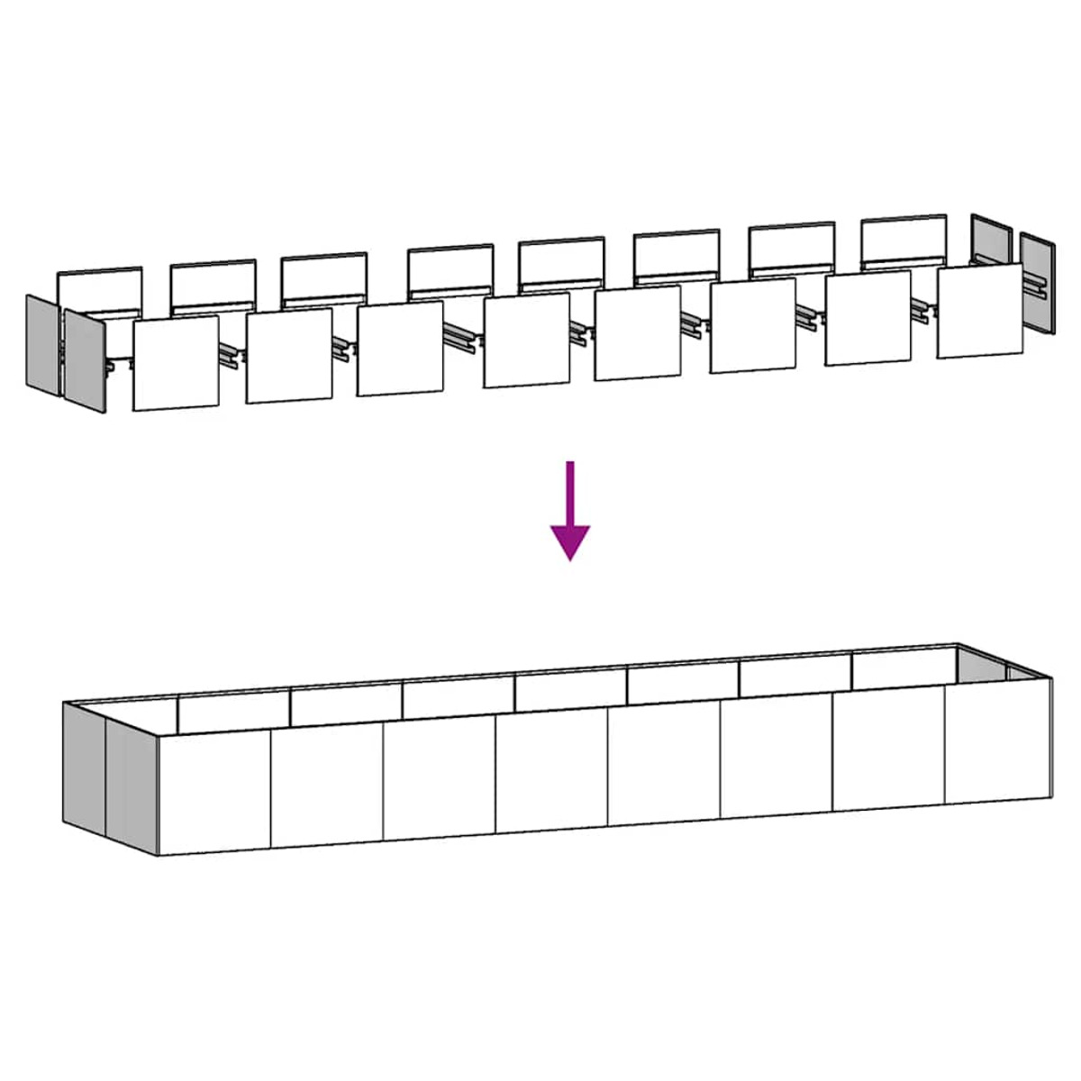 Un'illustrazione che mostra l'assemblaggio di un espositore modulare. Si trasforma da un pacco piatto a una scatola.