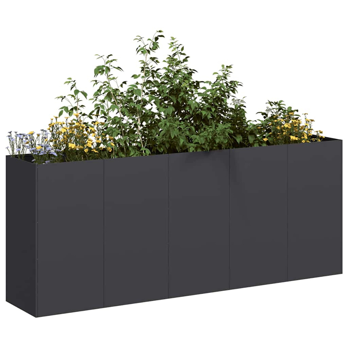 Ein dunkelgrauer rechteckiger Pflanzkübel mit Pflanzen. Modernes, minimalistisches Design.