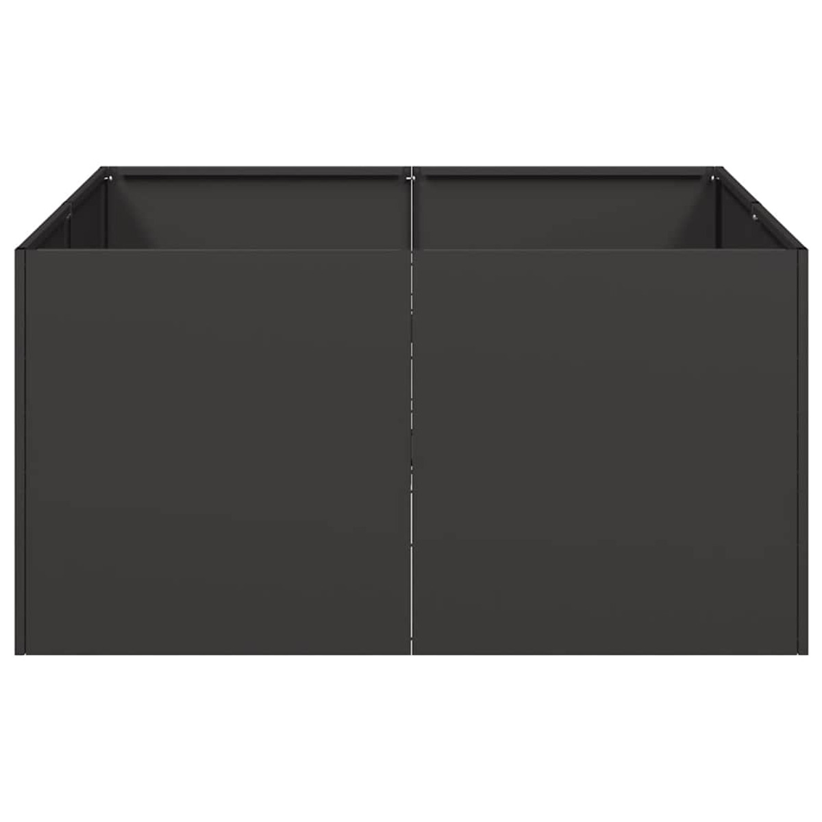 Cassa da giardino in metallo nero. Forma rettangolare. Vuota, senza piante. Isolato su sfondo bianco.