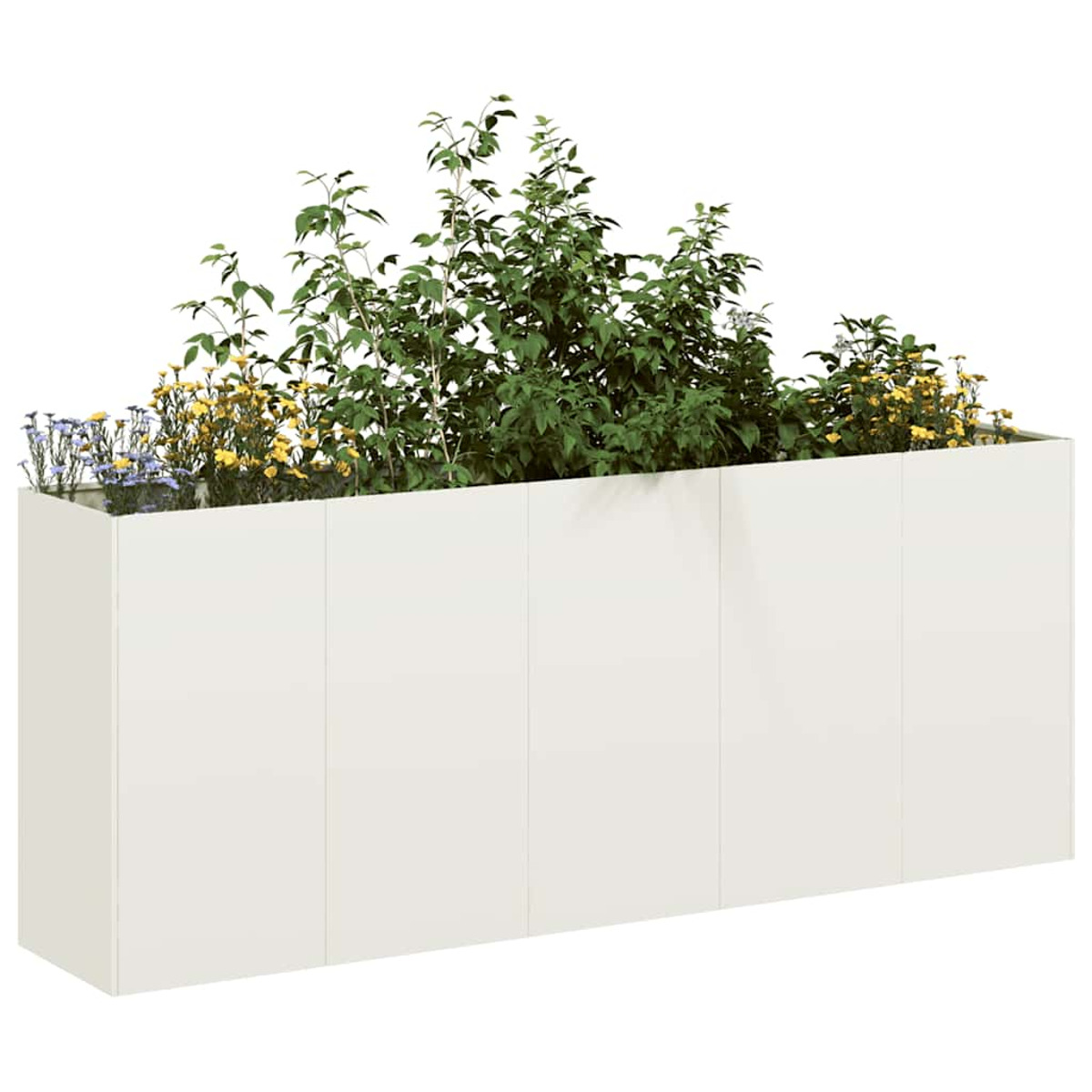 Una fioriera bianca con fiori e verde all'interno, su sfondo bianco.