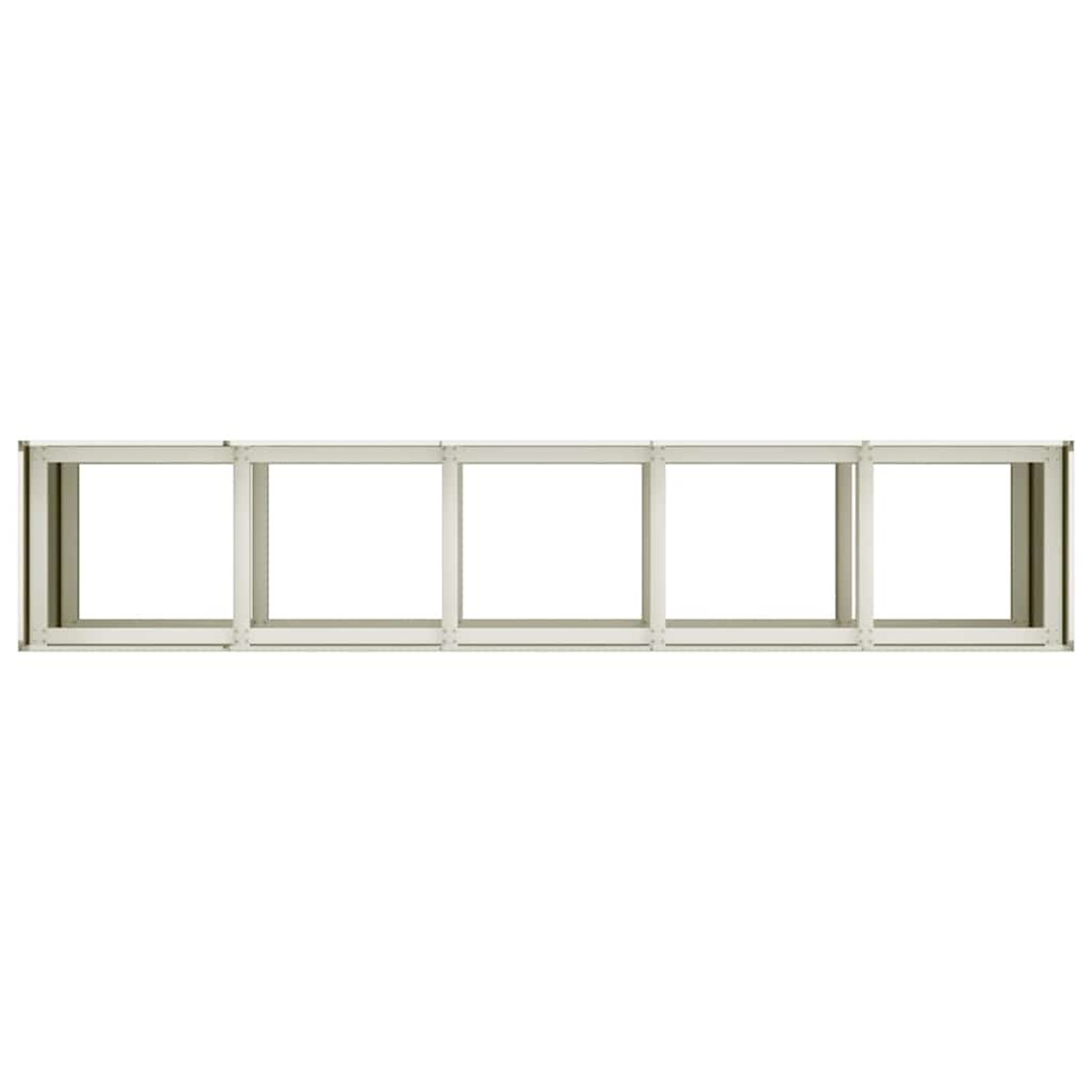Una cornice rettangolare bianca con cinque aperture quadrate trasparenti. La cornice ha un aspetto metallico.