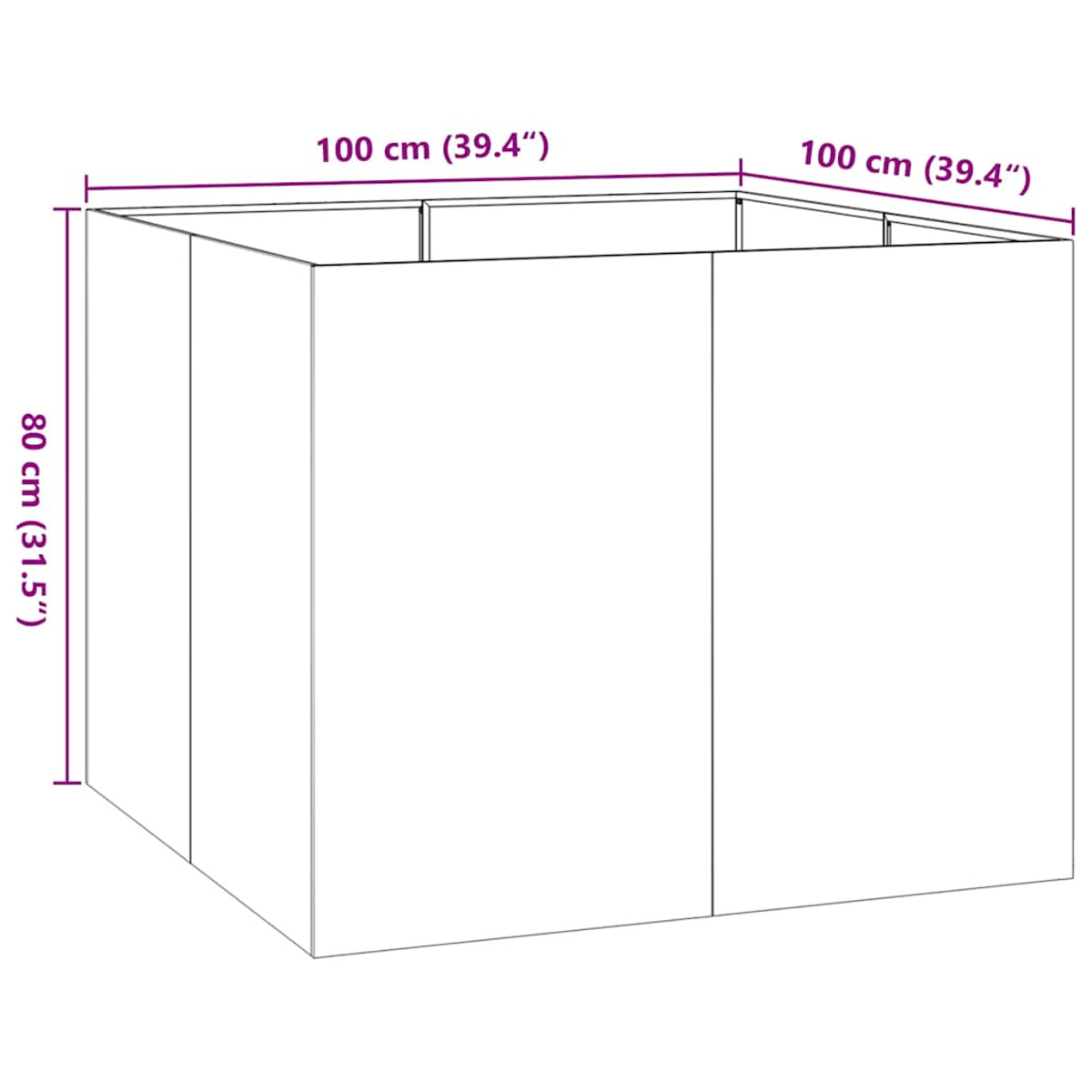 Una struttura quadrata con dimensioni in cm e pollici.