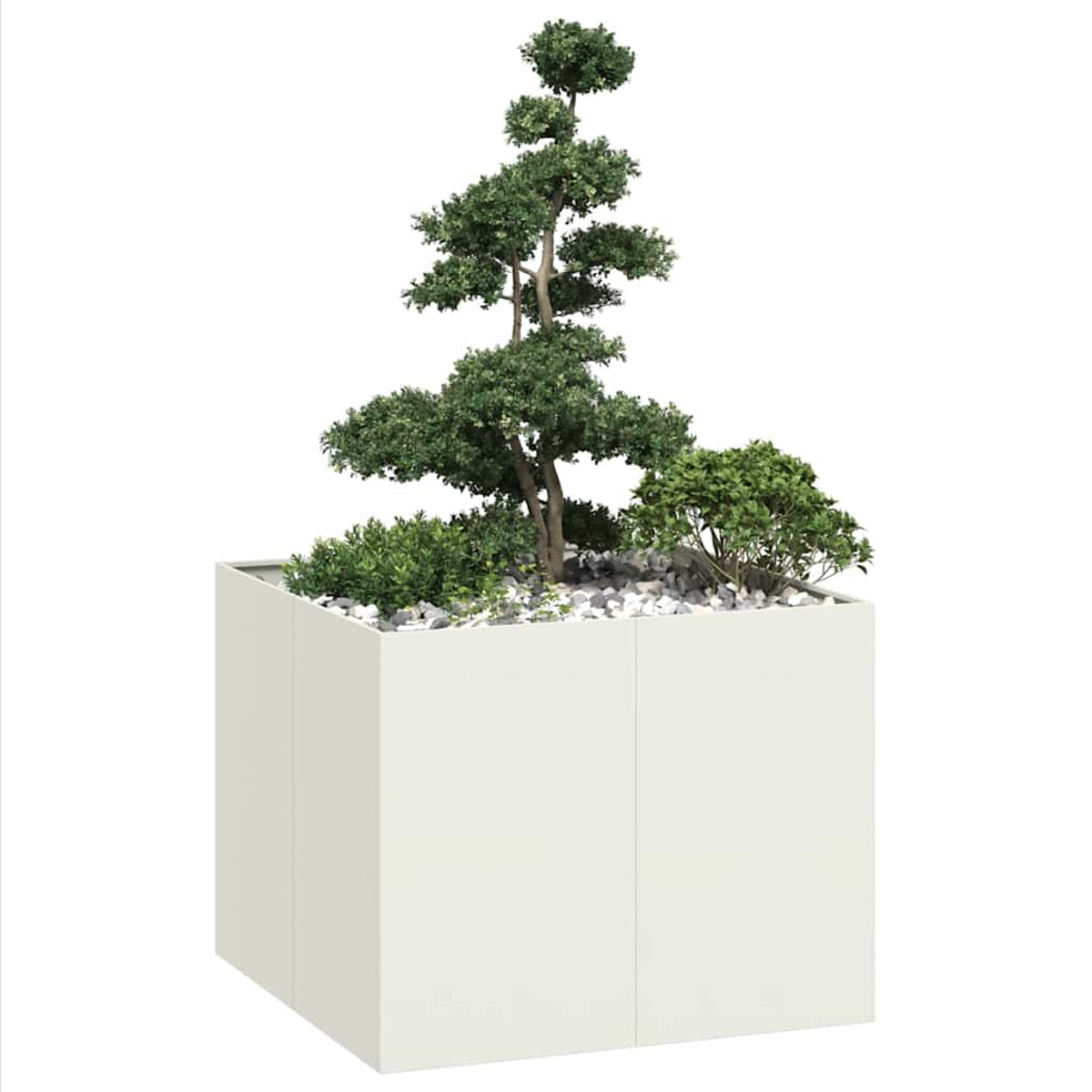 Ein quadratischer weißer Pflanzkübel mit einem kleinen Baum und Sträuchern im Inneren. Kleine Steine bedecken die Erde.