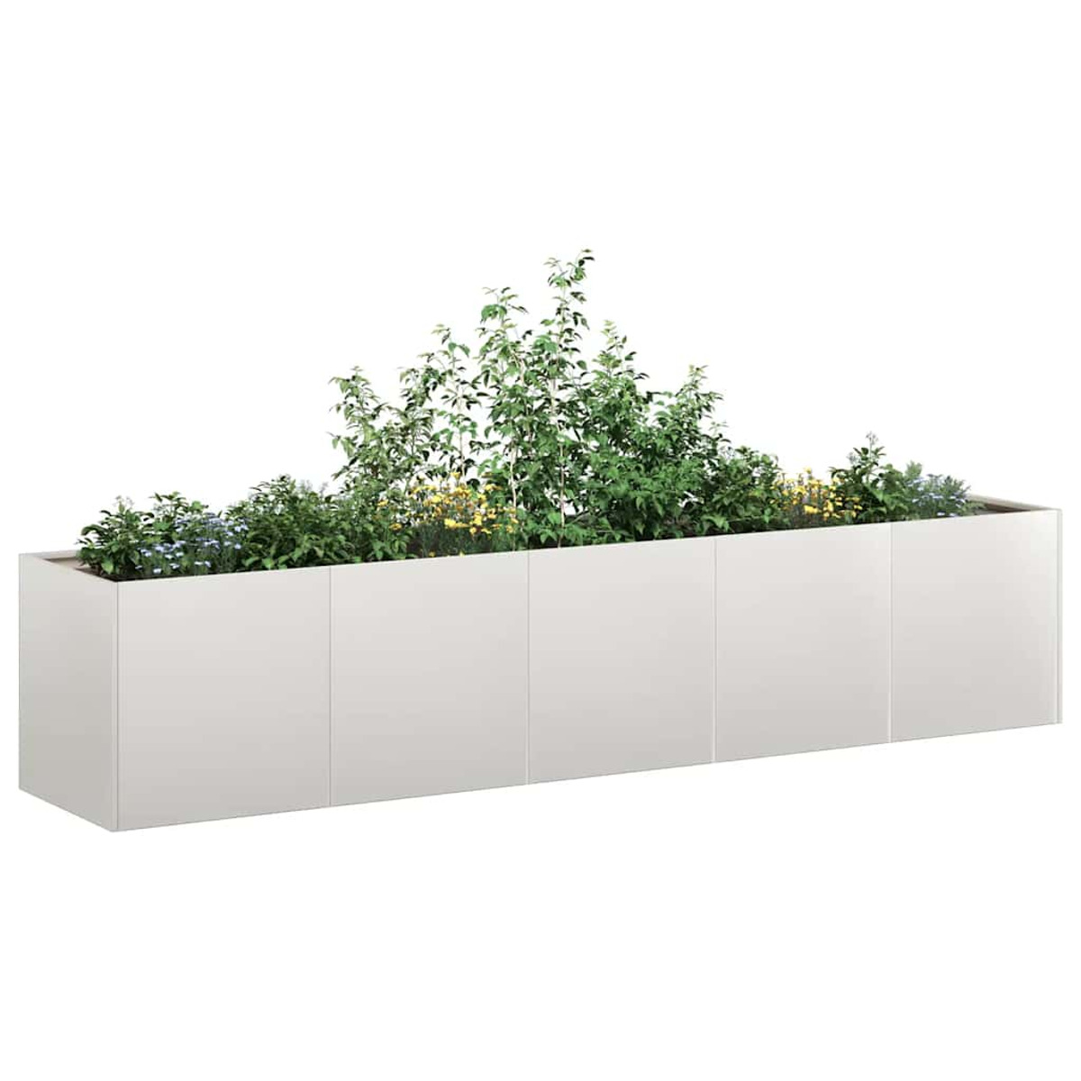Fioriera rettangolare bianca con piante e fiori verdi. Sfondo bianco.