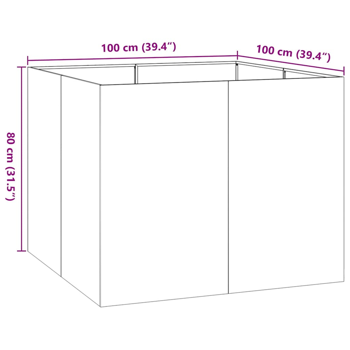 Eine leere Box mit beschrifteten Abmessungen, einschließlich Höhe, Breite und Tiefe.