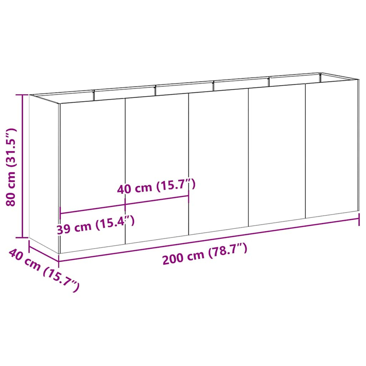 Langer Schrank mit Maßen in cm und Zoll. Ein weißer Schrank mit schwarzen Linien.