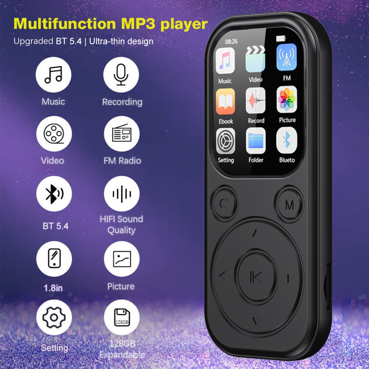 Schwarzer MP3-Player mit Bildschirm, Tasten und Symbolen. Er hat Funktionen wie Musik und Video.