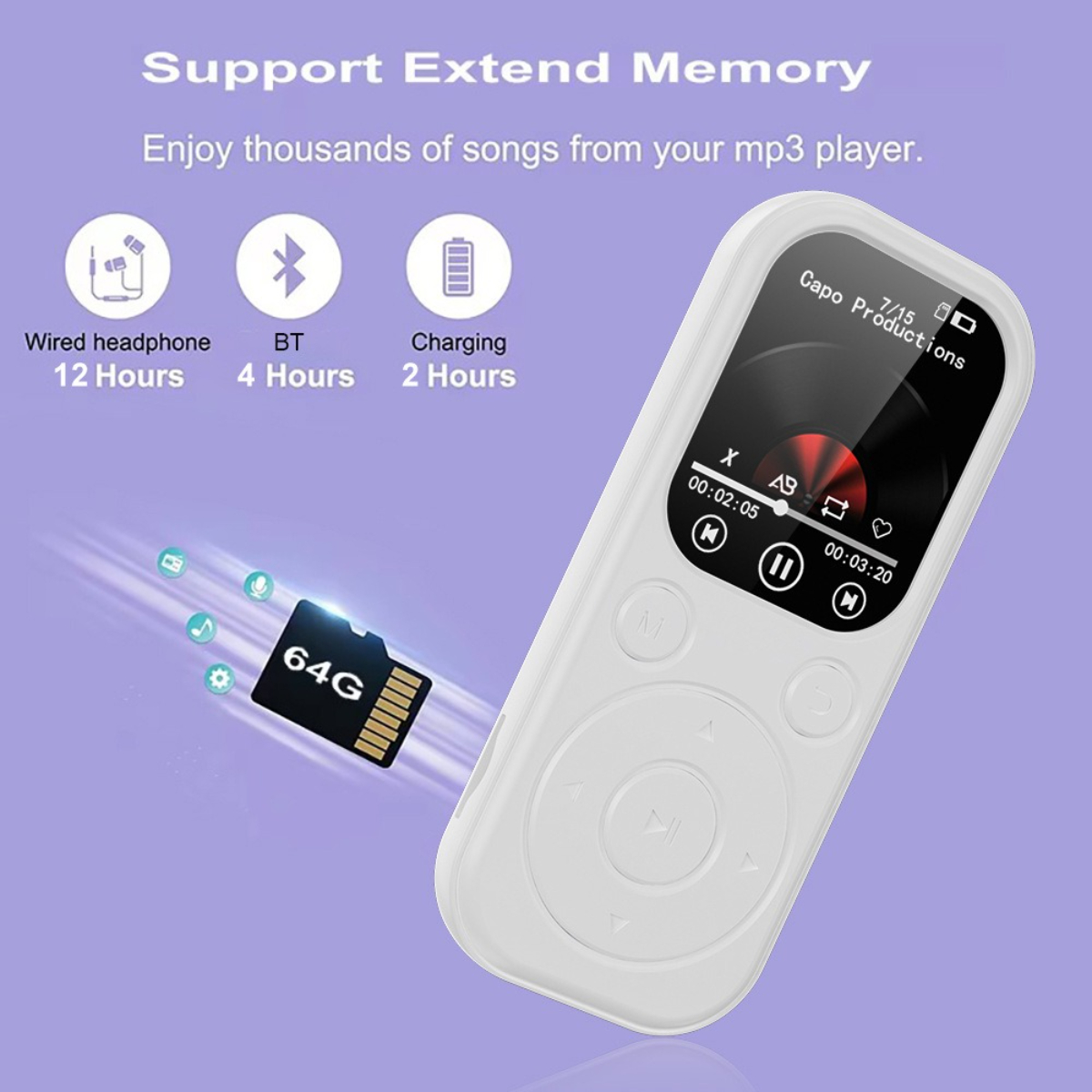 Weißer MP3-Player mit Bildschirm, Tasten und einer 64 GB SD-Karte.