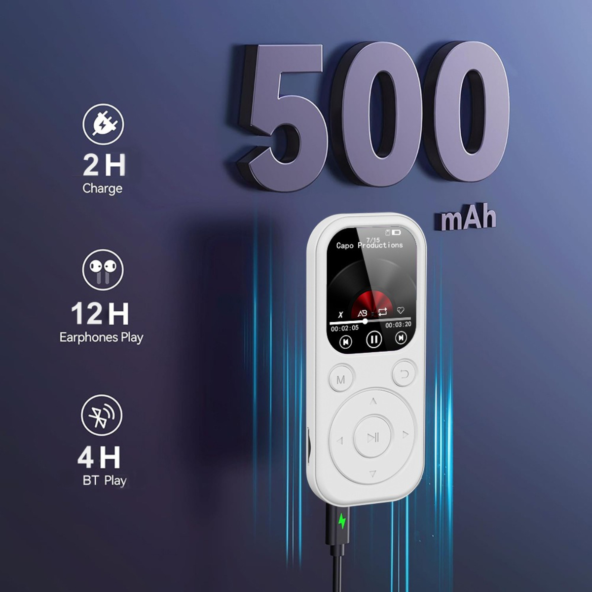Weißer MP3-Player mit Bildschirm, der Musikinformationen, Symbole und Zahlen anzeigt, schwarzes Kabel.