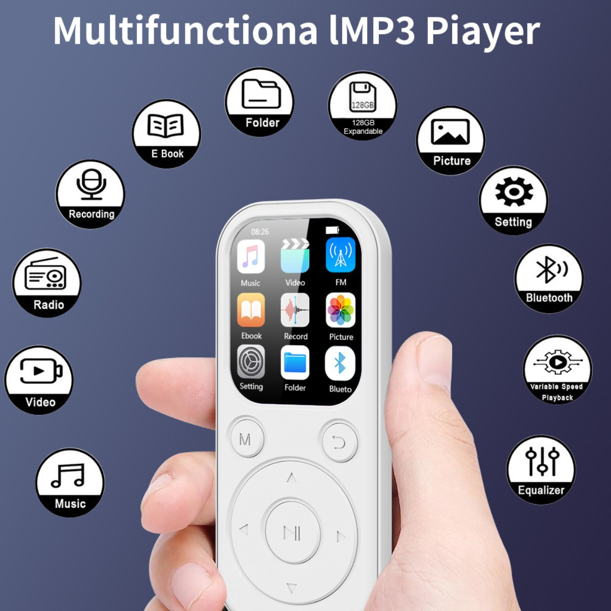 Ein weißer MP3-Player mit mehreren Funktionssymbolen drumherum wird gezeigt.