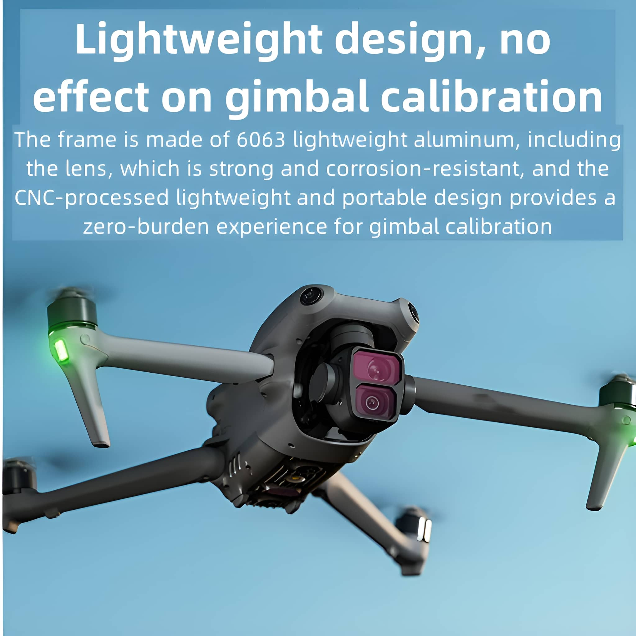 Drohne mit Text: Leichtes Design, keine Auswirkung auf die Gimbal-Kalibrierung.