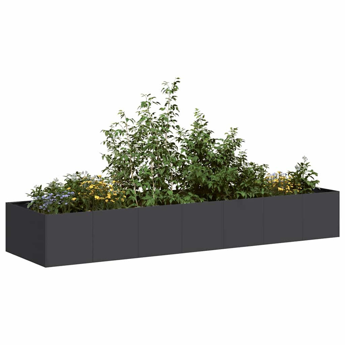 Fioriera rettangolare lunga, grigio scuro, piena di piante e fiori. Sfondo bianco.