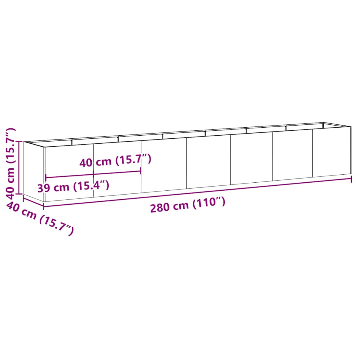 Un'unità scaffale rettangolare lunga con sei sezioni. Misure: 40 cm (15,7”) di altezza, 280 cm (110”) di lunghezza.