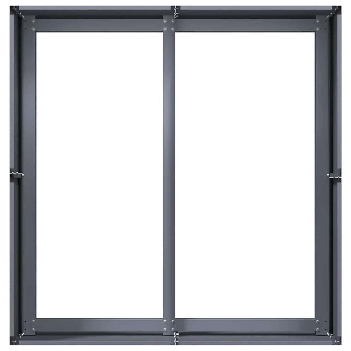 Telaio finestra in metallo grigio con due vetri. Punti di connessione visibili.