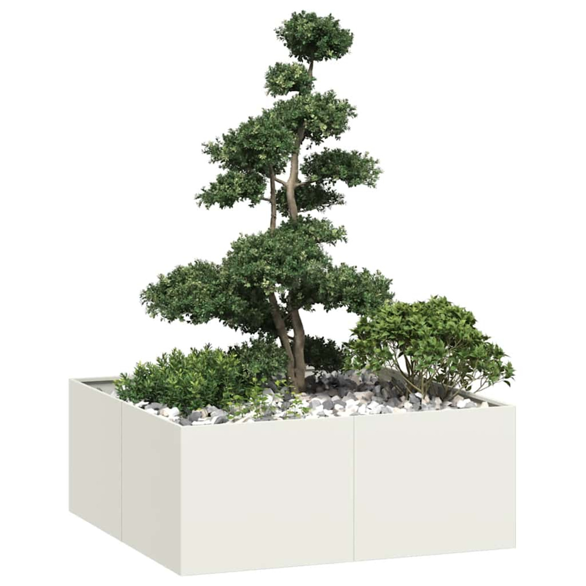 Fioriera quadrata, bianca, con varie piante e alberi. Composizione paesaggistica.