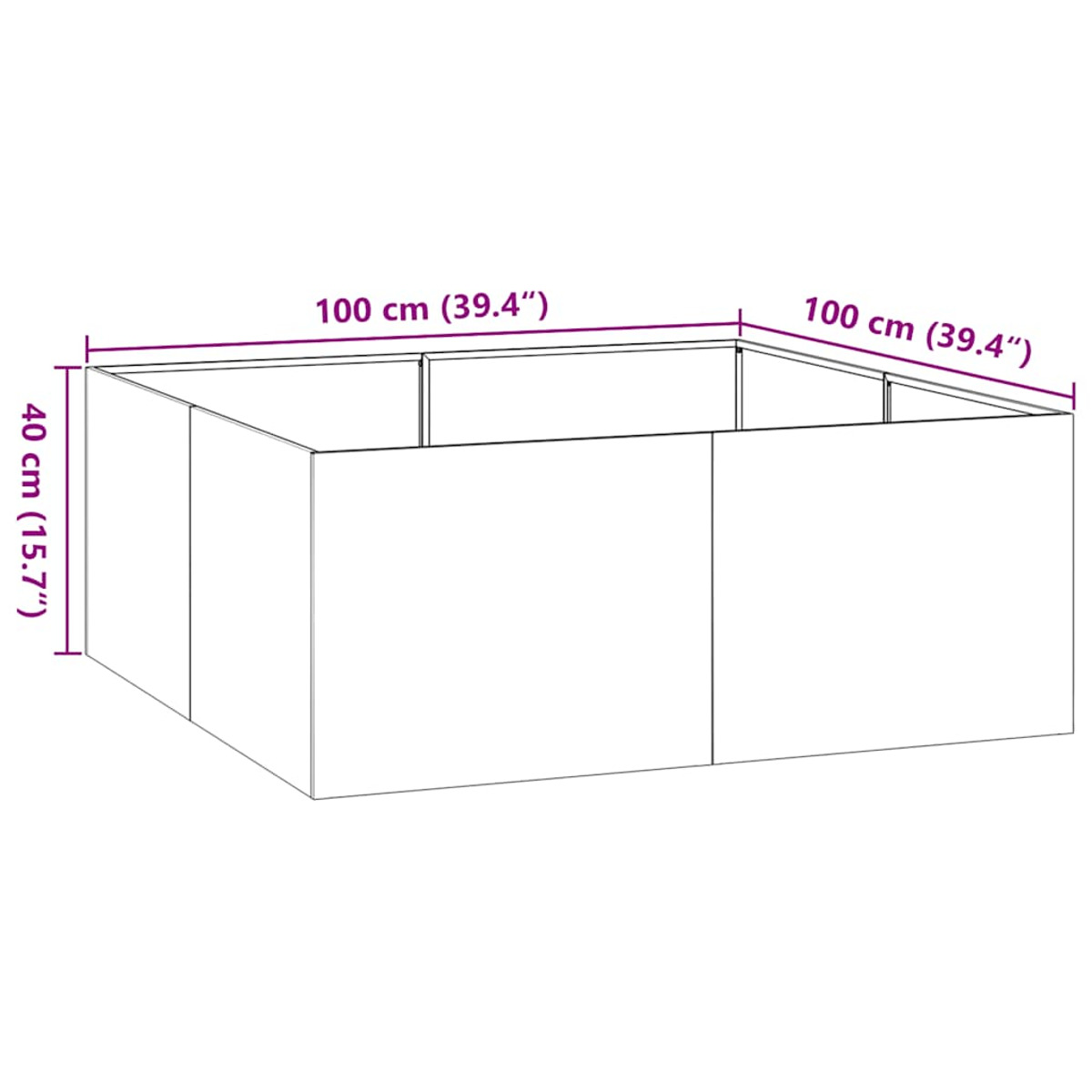 Diagramma di una scatola bianca con dimensioni: 100 cm, 40 cm e 100 cm.